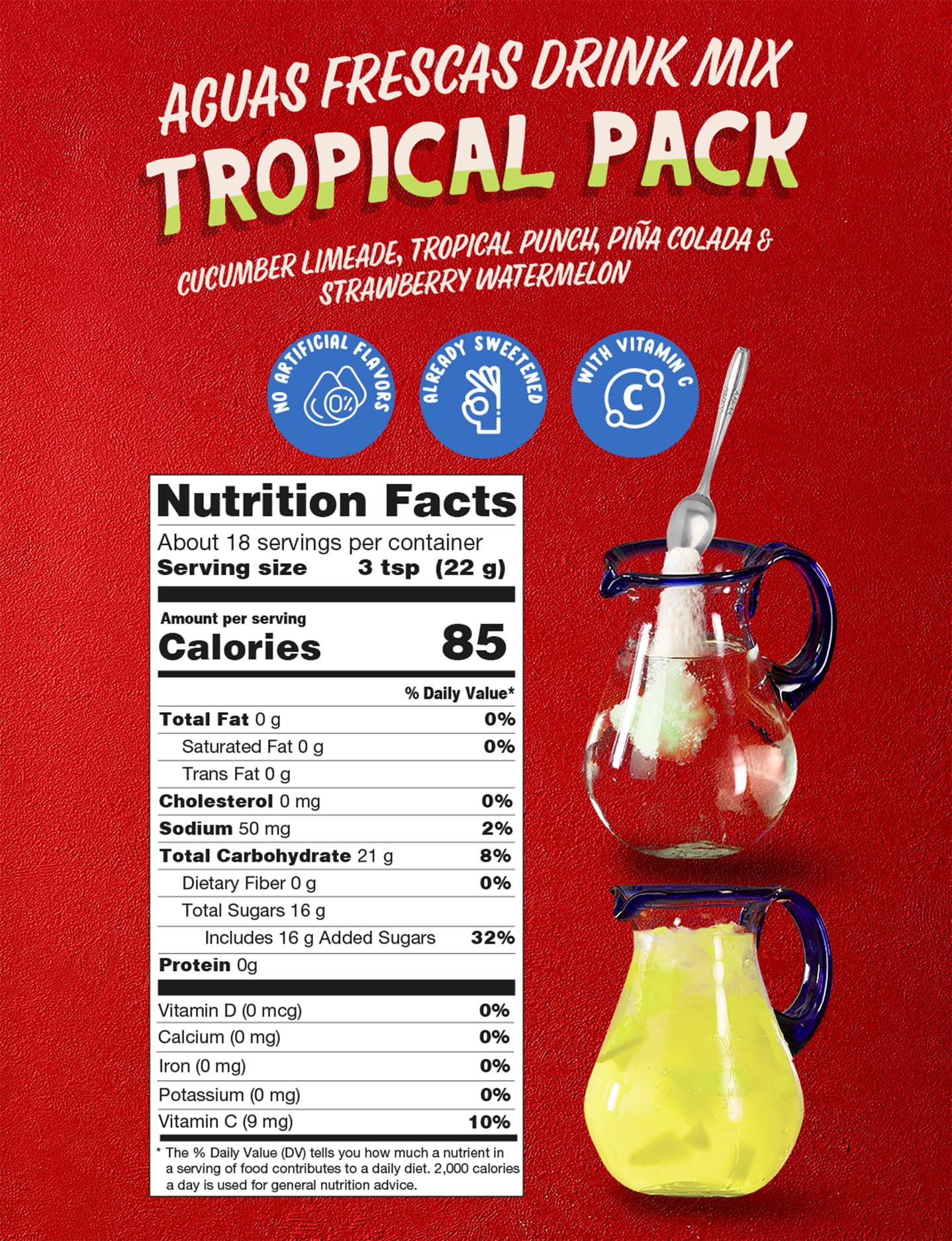 Klass Aguas Frescas Drink Mix Variety Pack - Pina Colada, Cucumber Limeade, Tropical Punch & Strawberry Watermelon - Powder Drink Mix, Water Drink Mix