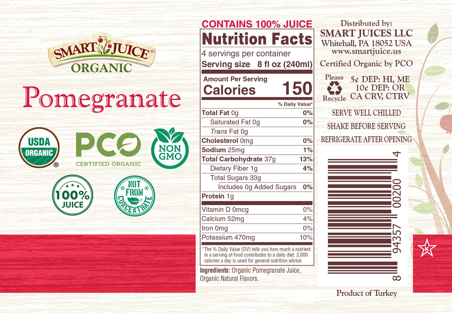 Smart Juice Organic Pomegranate Juice - 100% Juice, Not From Concentrate - 33.8 fl oz (1L) - (Pack of 6)