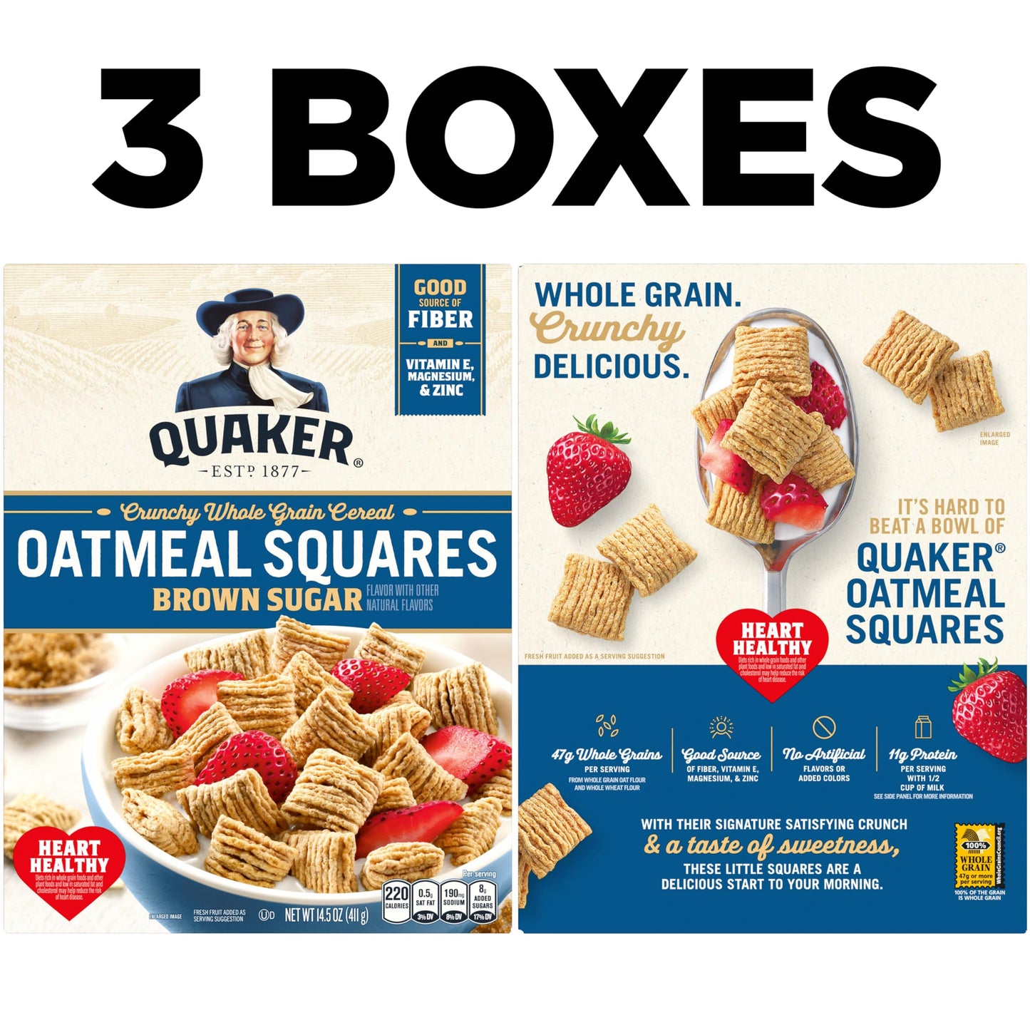Quaker Oatmeal Squares Breakfast Cereal, Brown Sugar, 14.5oz Boxes (3 Pack)