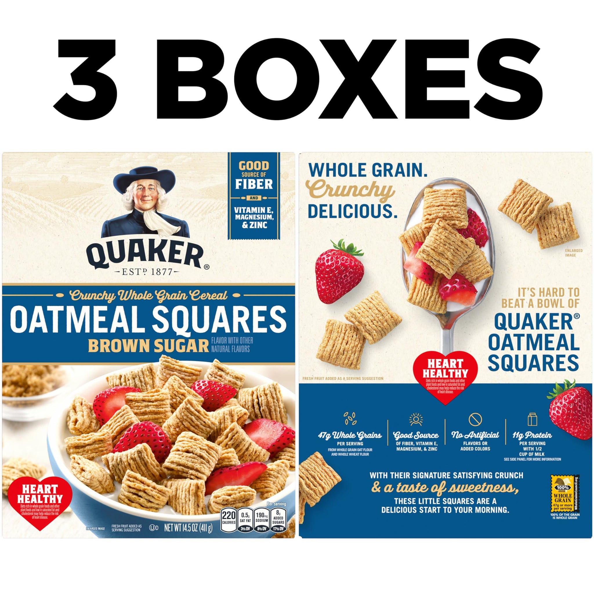 Quaker Oatmeal Squares Breakfast Cereal, Brown Sugar, 14.5oz Boxes (3 Pack)