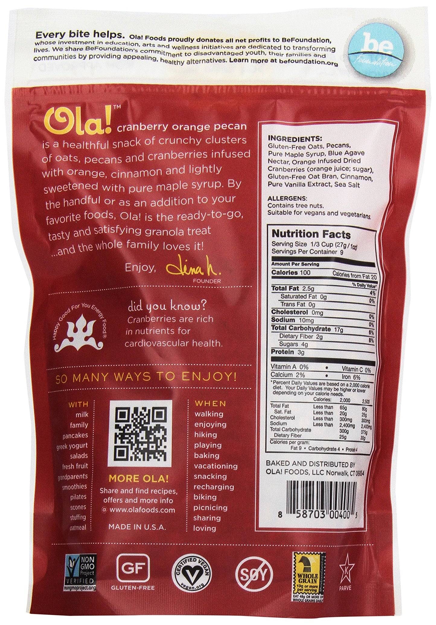 Ola Gluten Free Pecan, Cranberry Orange, 9 Ounce (6 Pack)