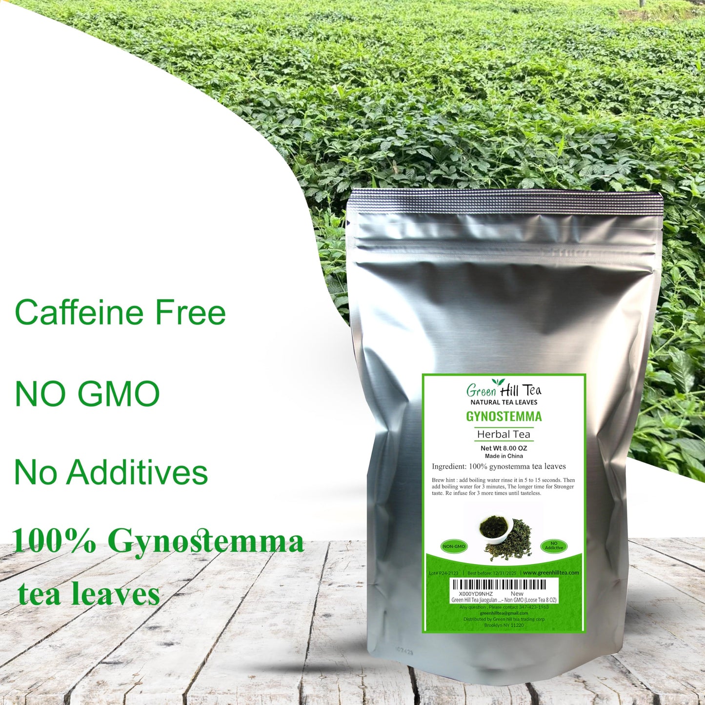 Green Hill Tea Jiaogulan Loose Leaf Tea - Caffeine-Free Ginseng Variety - Pure Gynostemma Herbal Tea - Non GMO ziplock bag 8 OZ