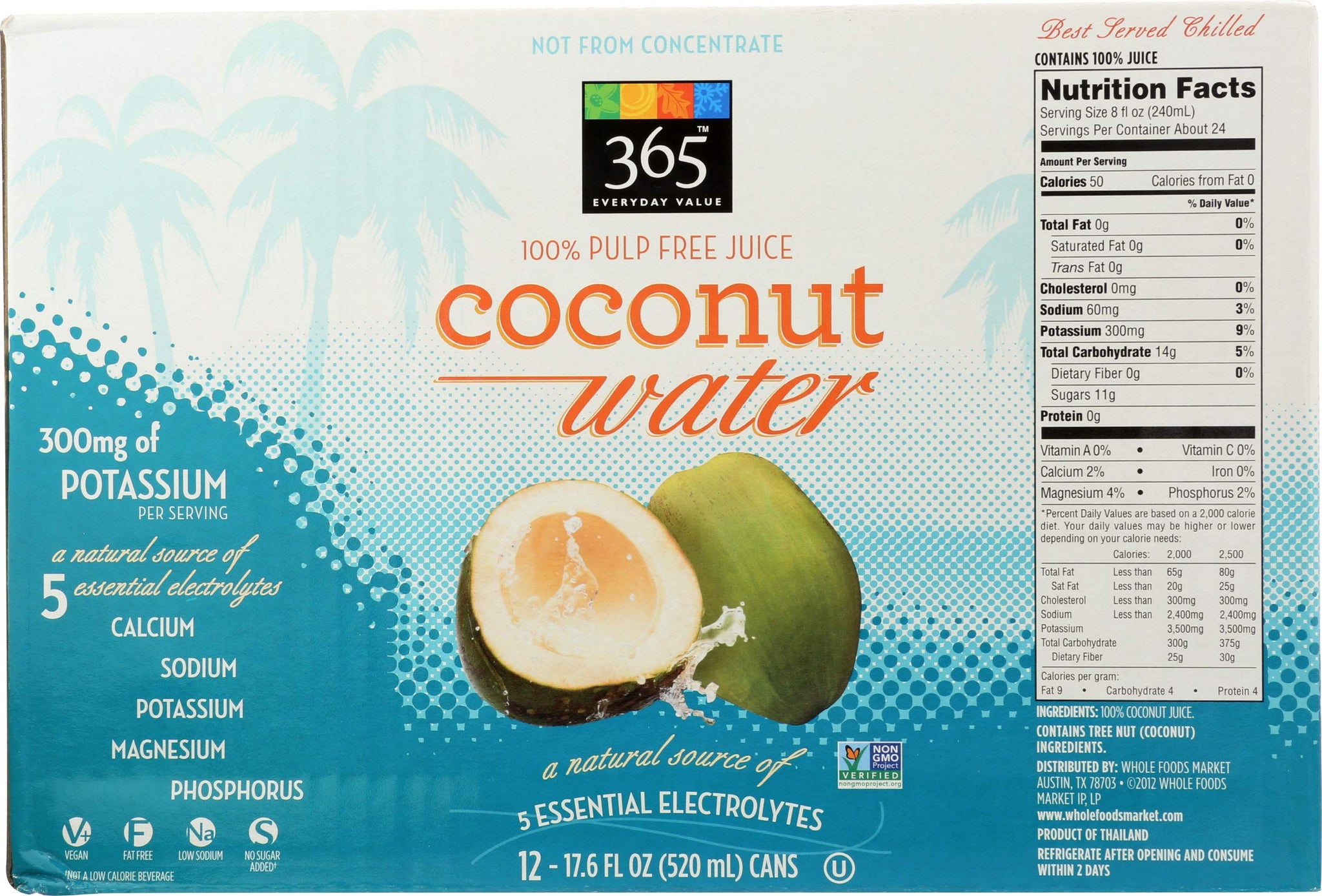 365 by Whole Foods Market, Coconut Water, 17.6 oz, (Pack Of 12)