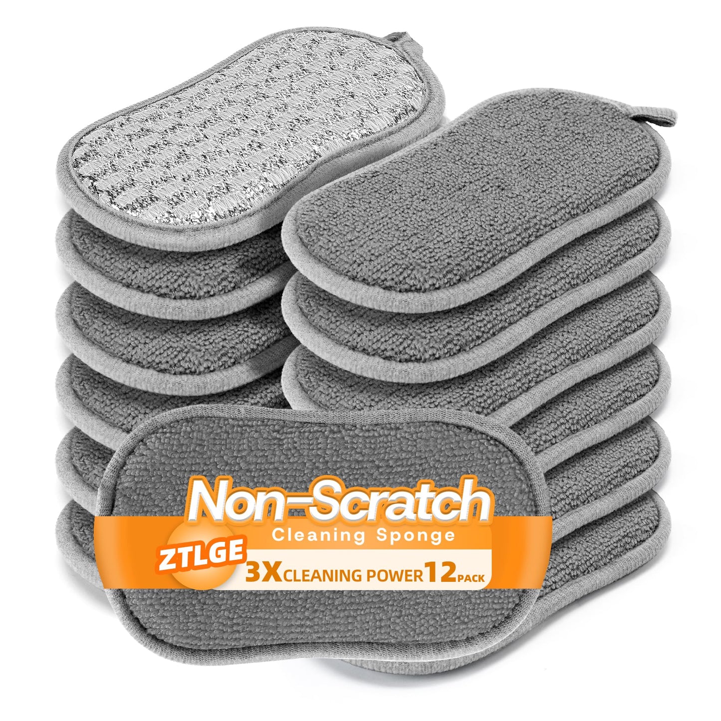 Multi-Purpose Scrub Kitchen Sponges - 12 Pack Dish Sponge, Dual-Sided Non-Scratch Microfiber & Metal Scrubber, Reusable Sponges for Dishes, Pots