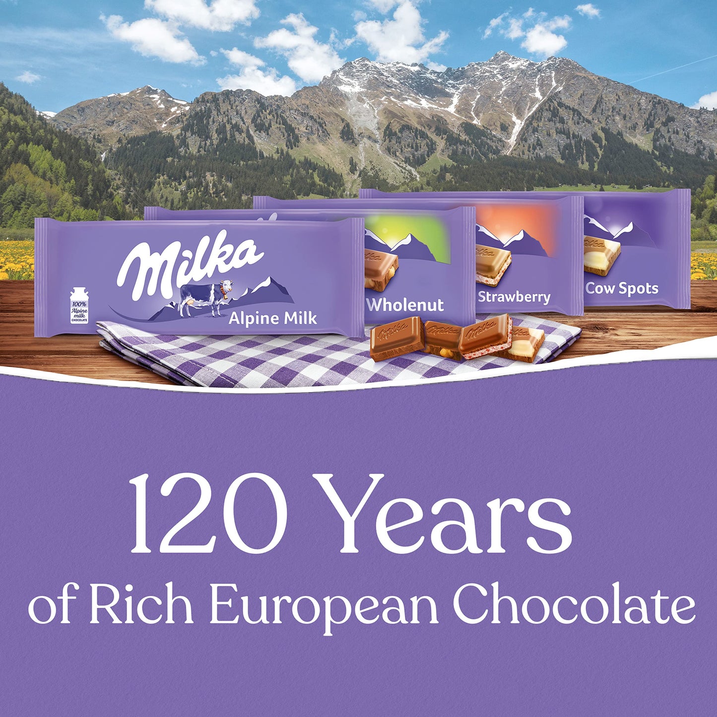 Milka European Chocolate Bars Variety Pack, Alpine Milk Chocolate, Cow Spots, Strawberry & Wholenut Hazelnut, 10 - 3.52 oz Bars