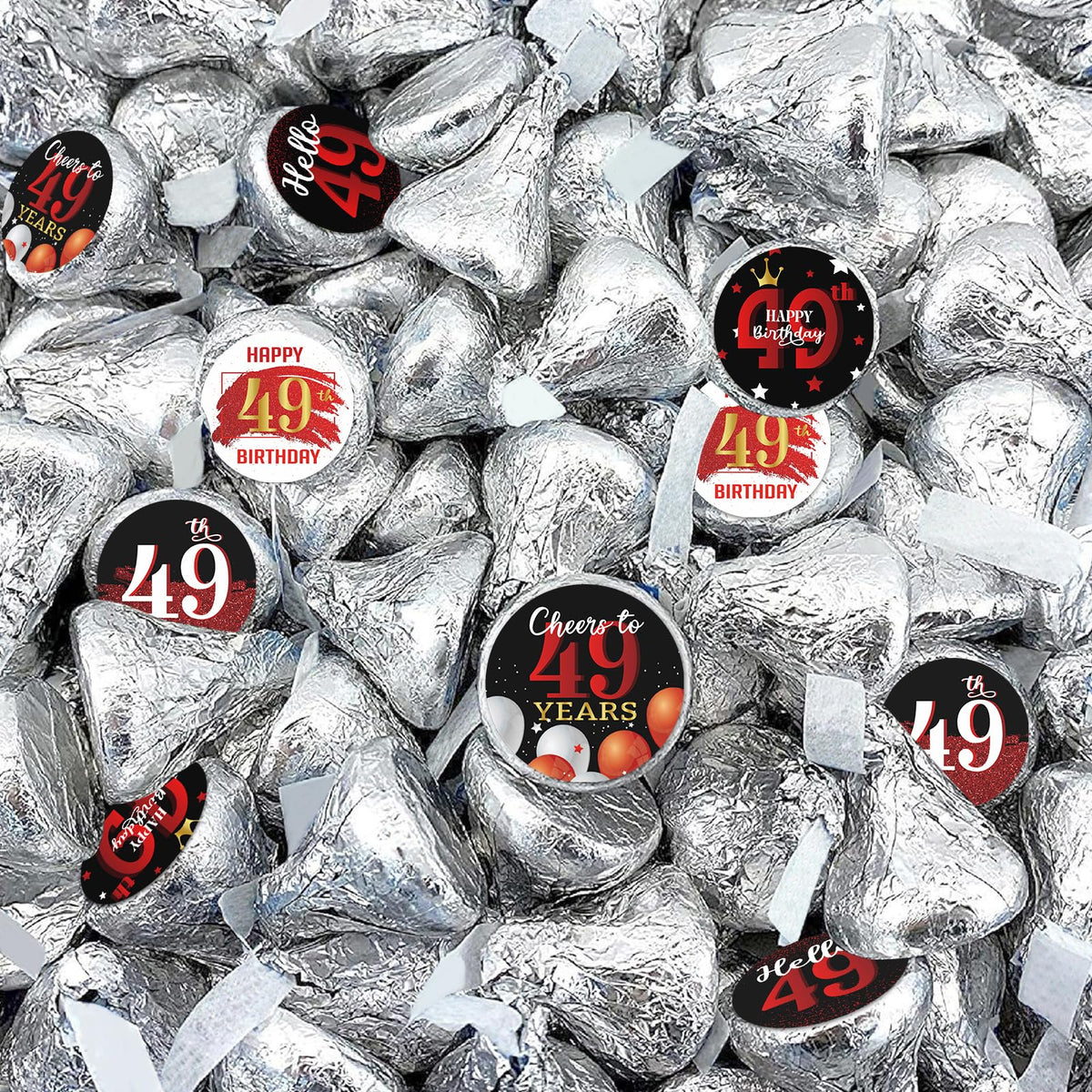 Happy 49th Birthday Party Favor Labels Chocolate Candy Stickers - 49 Years Old Birthday Round Candy Sticker Party Favors - Black and Red - 150
