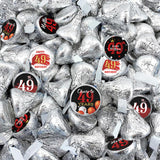 Happy 49th Birthday Party Favor Labels Chocolate Candy Stickers - 49 Years Old Birthday Round Candy Sticker Party Favors - Black and Red - 150