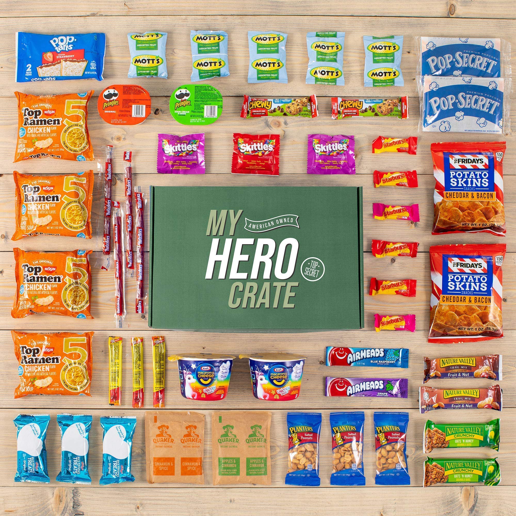 My Hero Crate Microwave Military Care Package - 50 Pcs Variety Gift Basket - Snack Variety Box Pack with Ramen, Candy, Pop Tarts, Nuts, Skittles