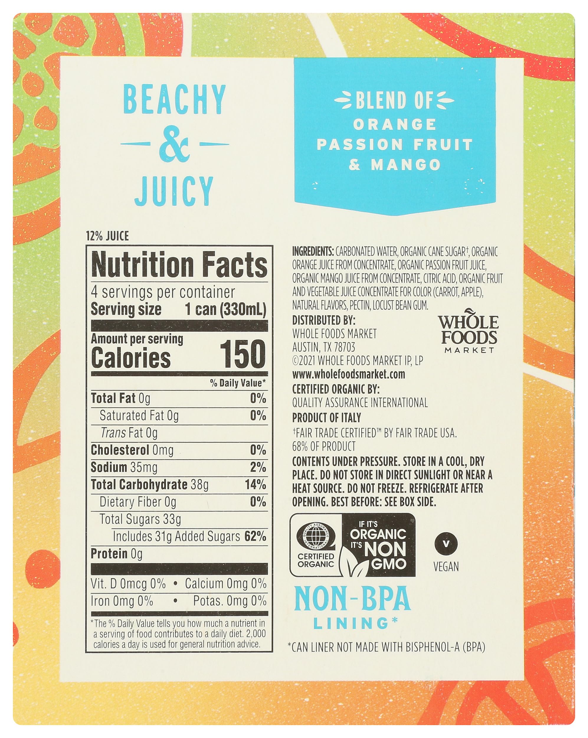 Whole Foods Market Organic Tropical Blend Italian Soda, 11.2 Fl Oz, 4 Pack