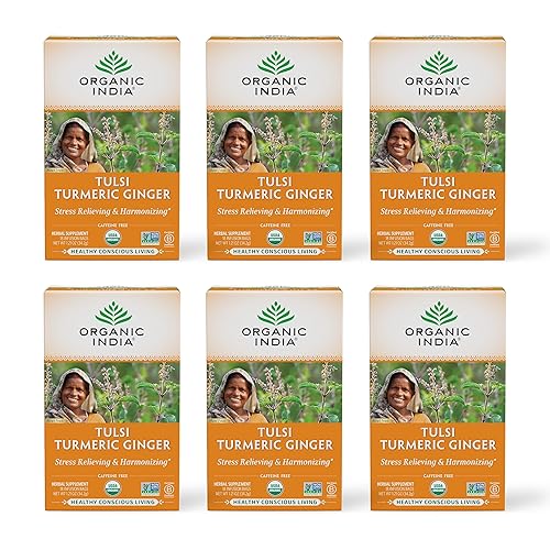 ORGANIC INDIA Tulsi Turmeric Ginger Herbal Tea - Stress Relieving & Harmonizing, Immune Support, Aids Digestion, Vegan, Caffeine-Free - 18 Infusion