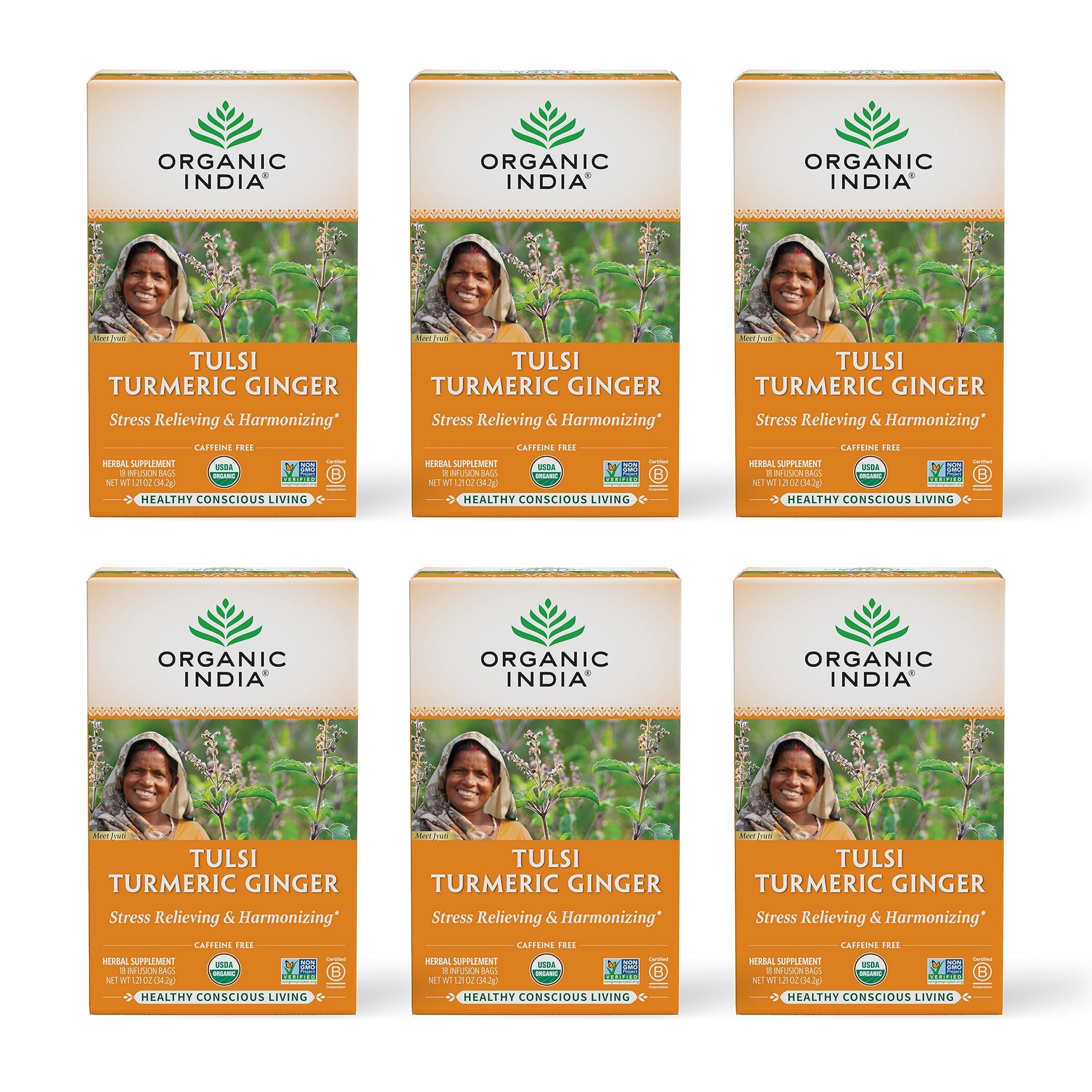 ORGANIC INDIA Tulsi Turmeric Ginger Herbal Tea - Stress Relieving & Harmonizing, Immune Support, Aids Digestion, Vegan, Caffeine-Free - 18 Infusion