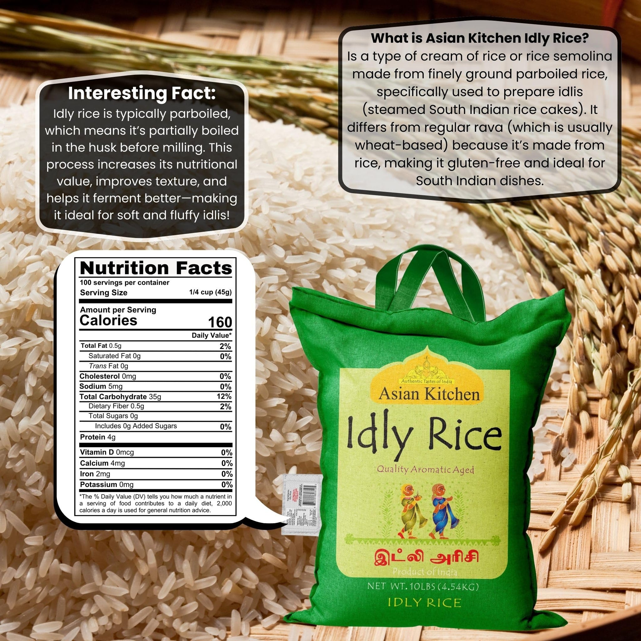 Asian Kitchen Idly (Idli) Rice 10-Pound Bag, 10lbs (4.54kg) Short Grain Rice ~ All Natural | Gluten Friendly | Vegan | Indian Origin | Export Quality