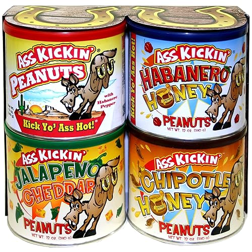 ASS KICKIN' Crunchy Spicy Hot Peanuts: Pepper Peanuts, Jalapeno Peanuts, Habanero Honey Peanuts, and Jalapeno Peanuts, Gift Set.