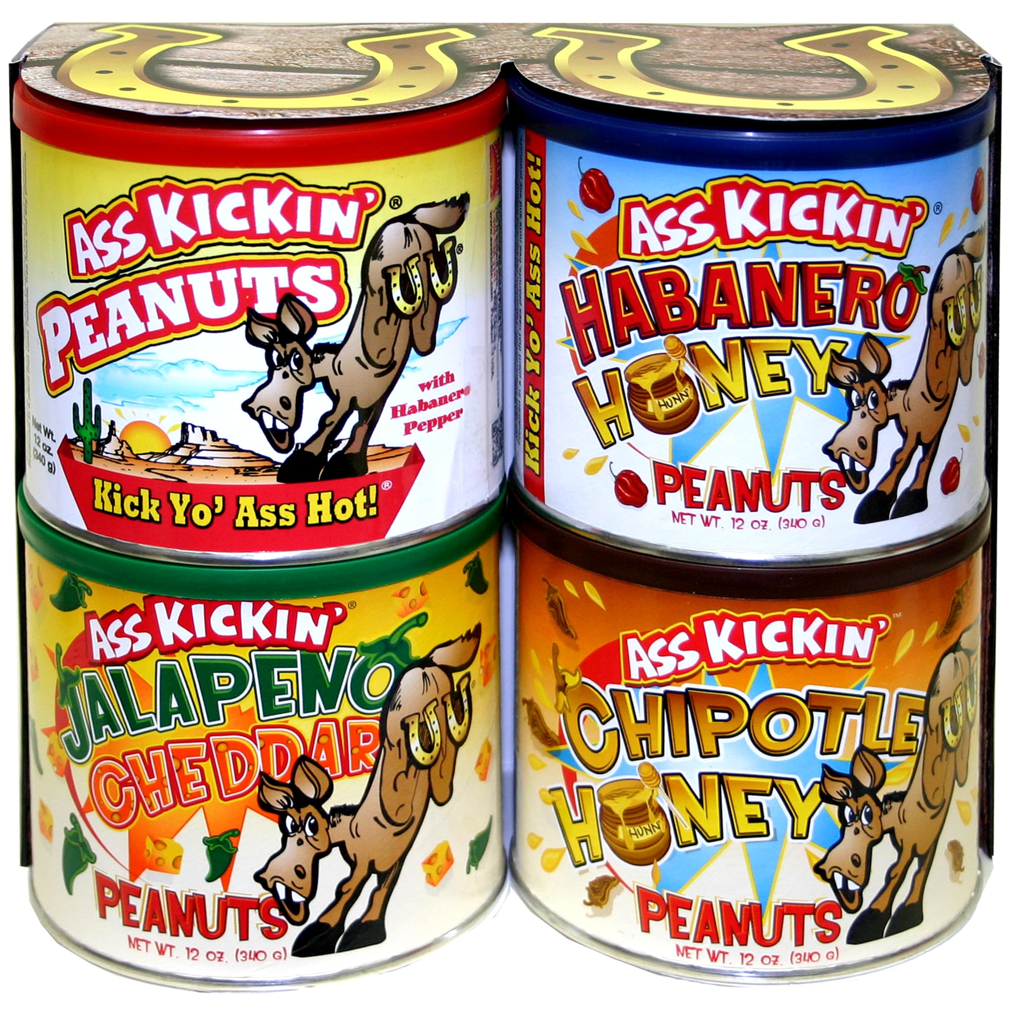 ASS KICKIN' Crunchy Spicy Hot Peanuts: Pepper Peanuts, Jalapeno Peanuts, Habanero Honey Peanuts, and Jalapeno Peanuts, Gift Set.