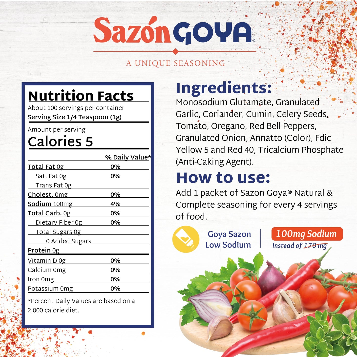 Sazón Natural and Complete by Goya, Low Sodium Latin Spice Blend for Poultry, Seafood, Meat and Vegetables, All Purpose Mexican Seasoning, No Salt