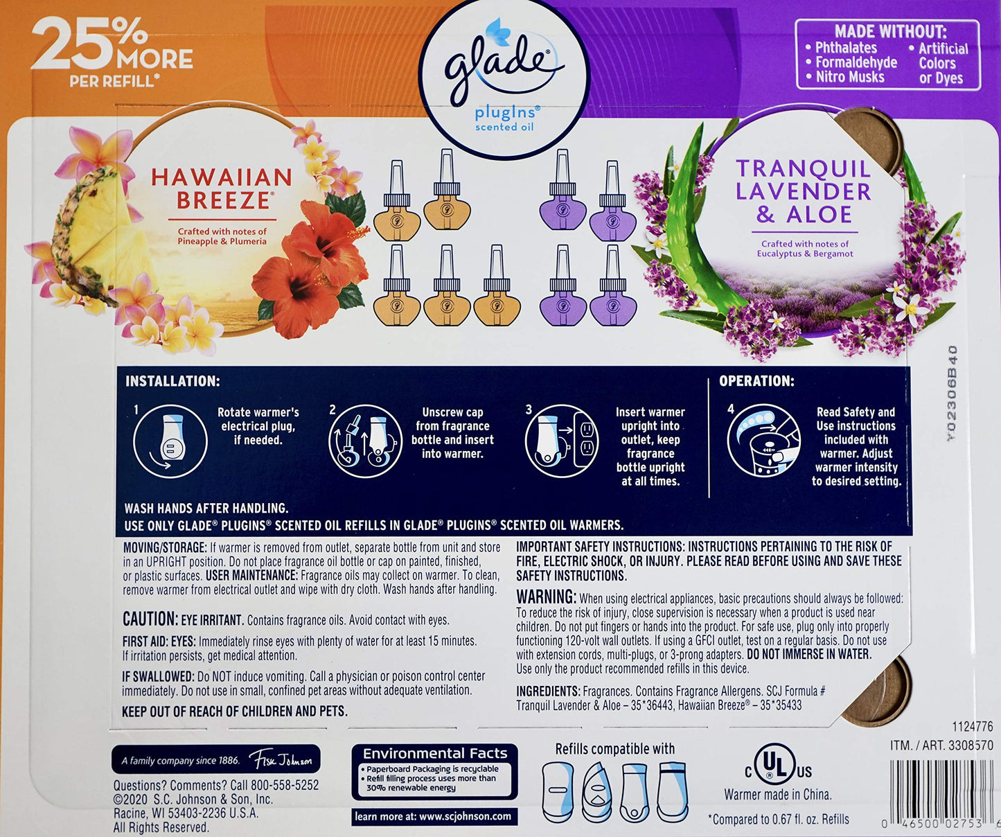 Glade Plugins Lavender Aloe & Hawaiian Breeze, 9 Scented Oil Refills and 1 Warmer