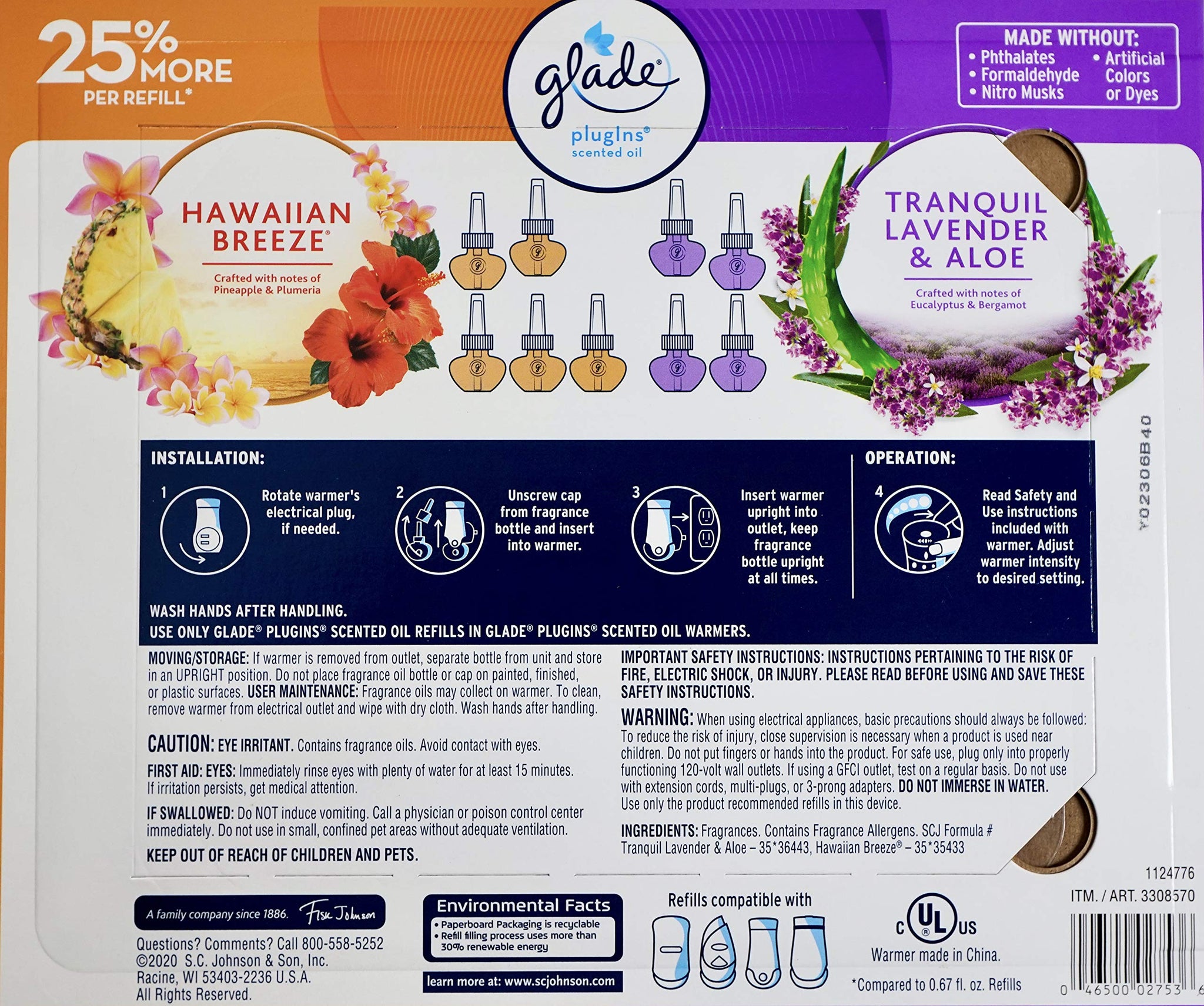 Glade Plugins Lavender Aloe & Hawaiian Breeze, 9 Scented Oil Refills and 1 Warmer