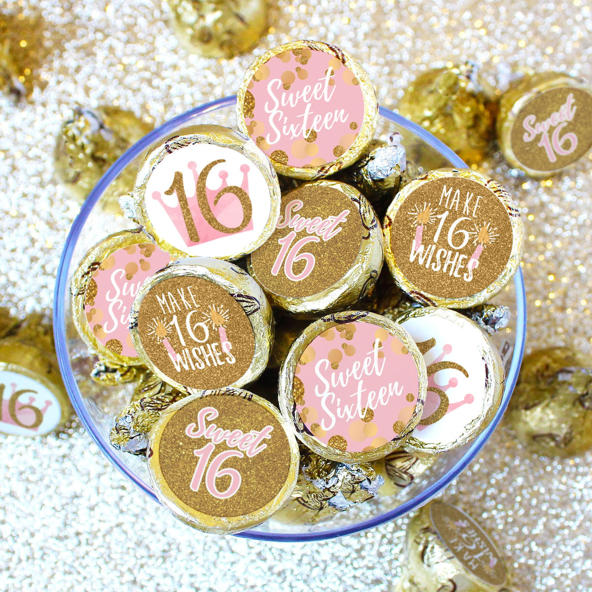 Pink and Gold Sweet 16 Kiss Stickers, 180 Count