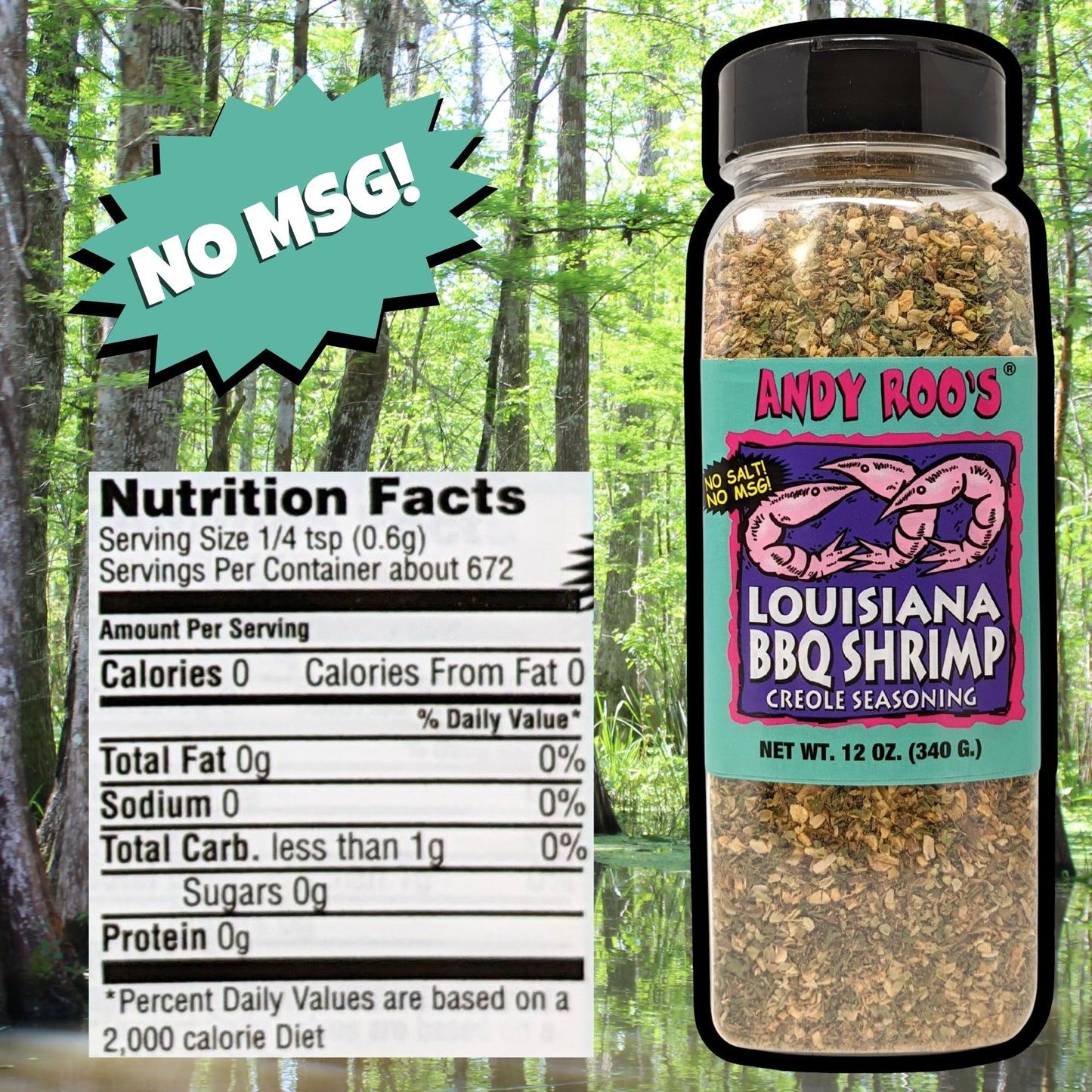 Andy Roo's No Salt No MSG Louisiana BBQ Shrimp Creole Seasoning, 16 Ounce Bulk Shaker