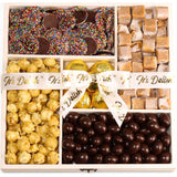 Classy Chocolate Candy Gift Tray - by It's Delish | Candy Gift Basket in Reusable Wooden Crate with Lid | Wood Platter with Holiday Treats and Candies