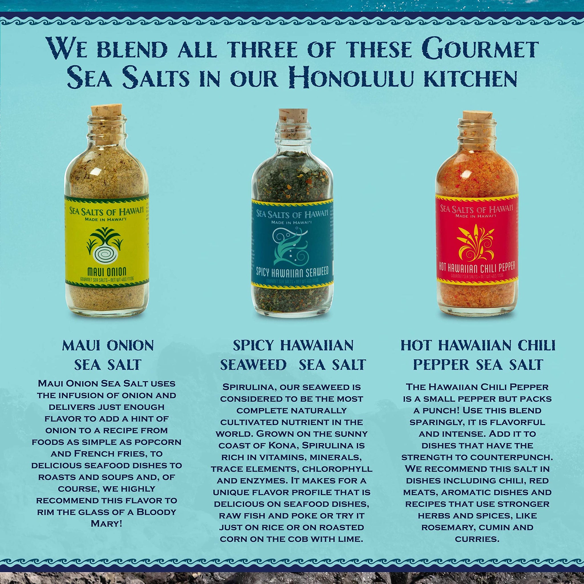 Sea Salts of Hawaii Variety 3 Pack, Maui Onion Salt, Hawaiian Chili Pepper Salt, Spicy Seaweed Flavored Hawaiian Sea Salt