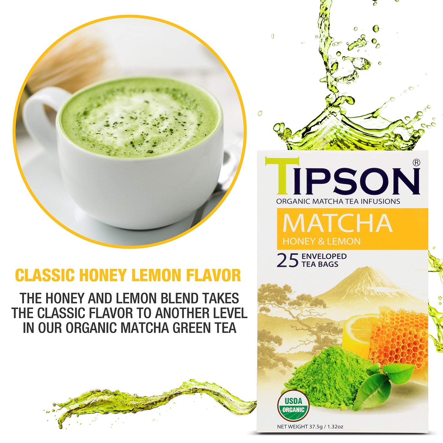 Tipson Organic Matcha Green Tea - Honey Lemon Flavor - 25 Foil Enveloped Double Chambered Bags - Keto/Paleo