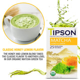 Tipson Organic Matcha Green Tea - Honey Lemon Flavor - 25 Foil Enveloped Double Chambered Bags - Keto/Paleo