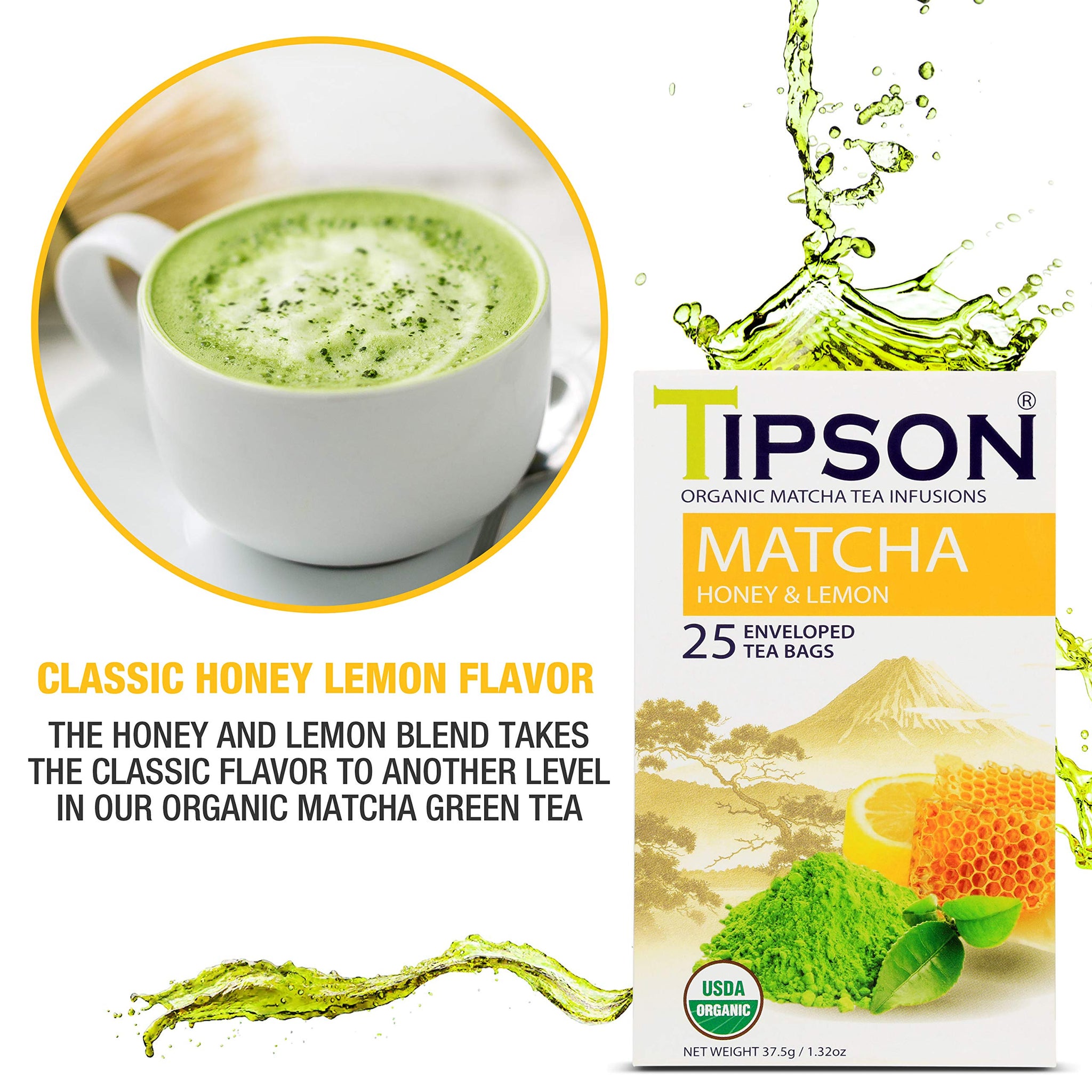 Tipson Organic Matcha Green Tea - Honey Lemon Flavor - 25 Foil Enveloped Double Chambered Bags - Keto/Paleo