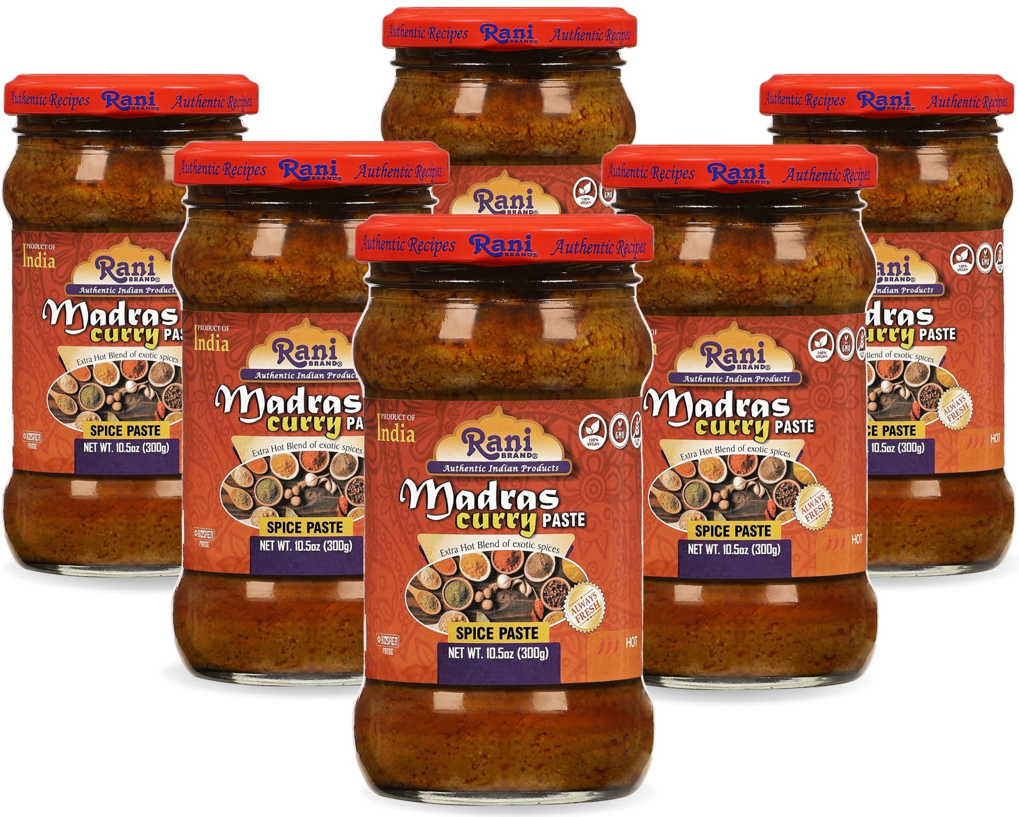 Rani Madras Curry Cooking Spice Paste 10.5oz (300g) Glass Jar, Pack of 5+1 FREE ~ No Colors | All Natural | NON-GMO | Vegan | Gluten Free | Indian