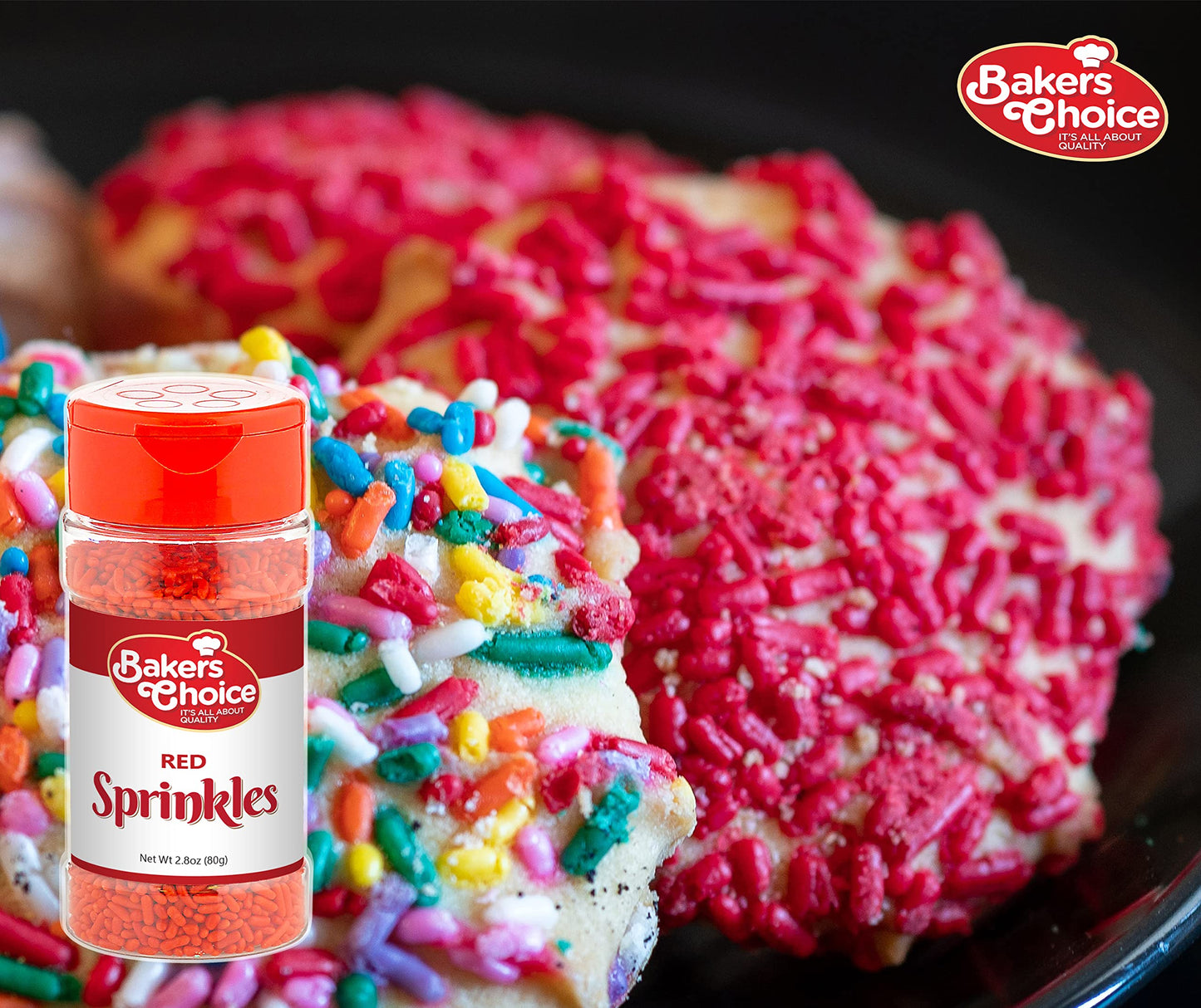 Bakers Choice Red Sprinkles for Baking - Jimmies Sprinkles for Ice Cream Toppings - Dairy Free, Kosher 2.8 oz.