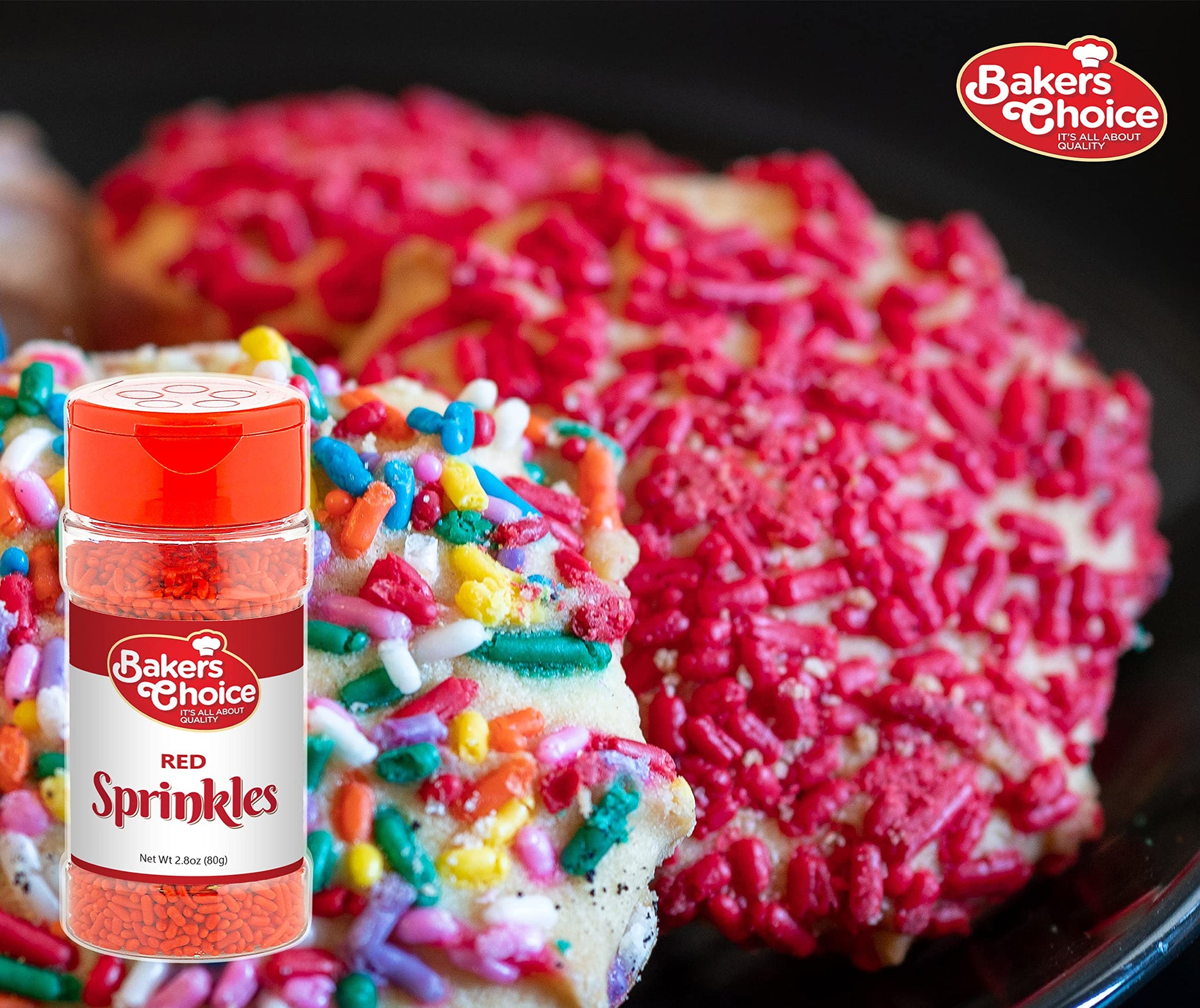 Bakers Choice Red Sprinkles for Baking - Jimmies Sprinkles for Ice Cream Toppings - Dairy Free, Kosher 2.8 oz.