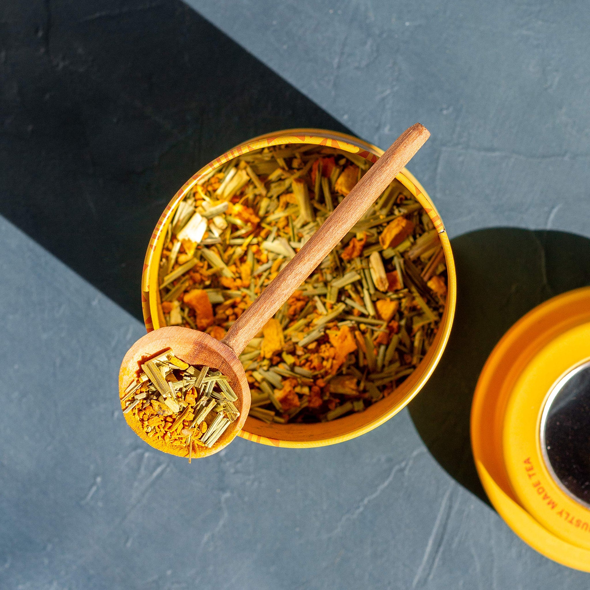 JusTea TURMERIC GINGER | Loose Leaf Herbal Tea | Tin with Hand Carved Tea Spoon | 40+ Cups (3.9oz) | Caffeine Free | Award-Winning | Fair Trade |