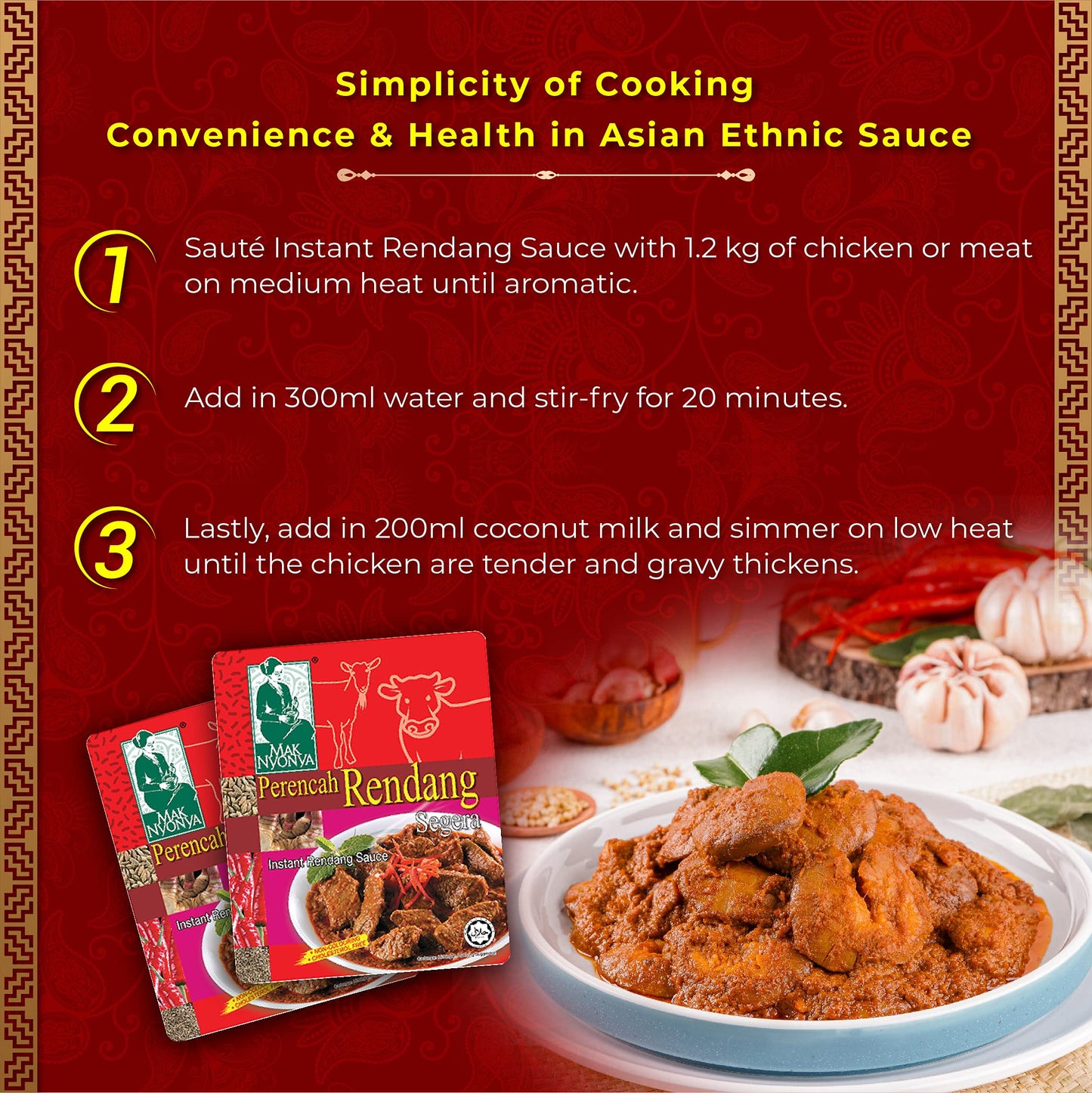 Mak Nyonya Instant Rendang Sauce For Beef/Chicken X4 Dry Curry Paste Authentic Rendang Instant Curry Sauce For Beef Chicken Vege Fish Seafood & Other