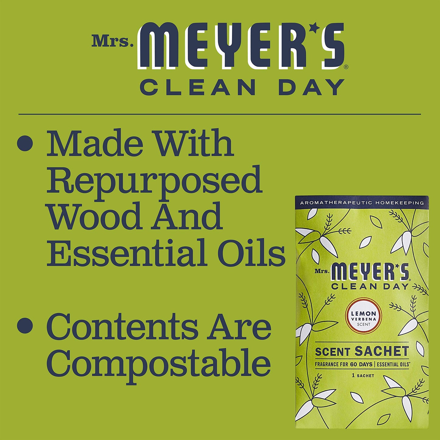 MRS. MEYER'S CLEAN DAY Air Freshener Sachets, Fragrance for your Locker, Car, Closet, and Gym Bag, Lemon Verbena, Pack of 3
