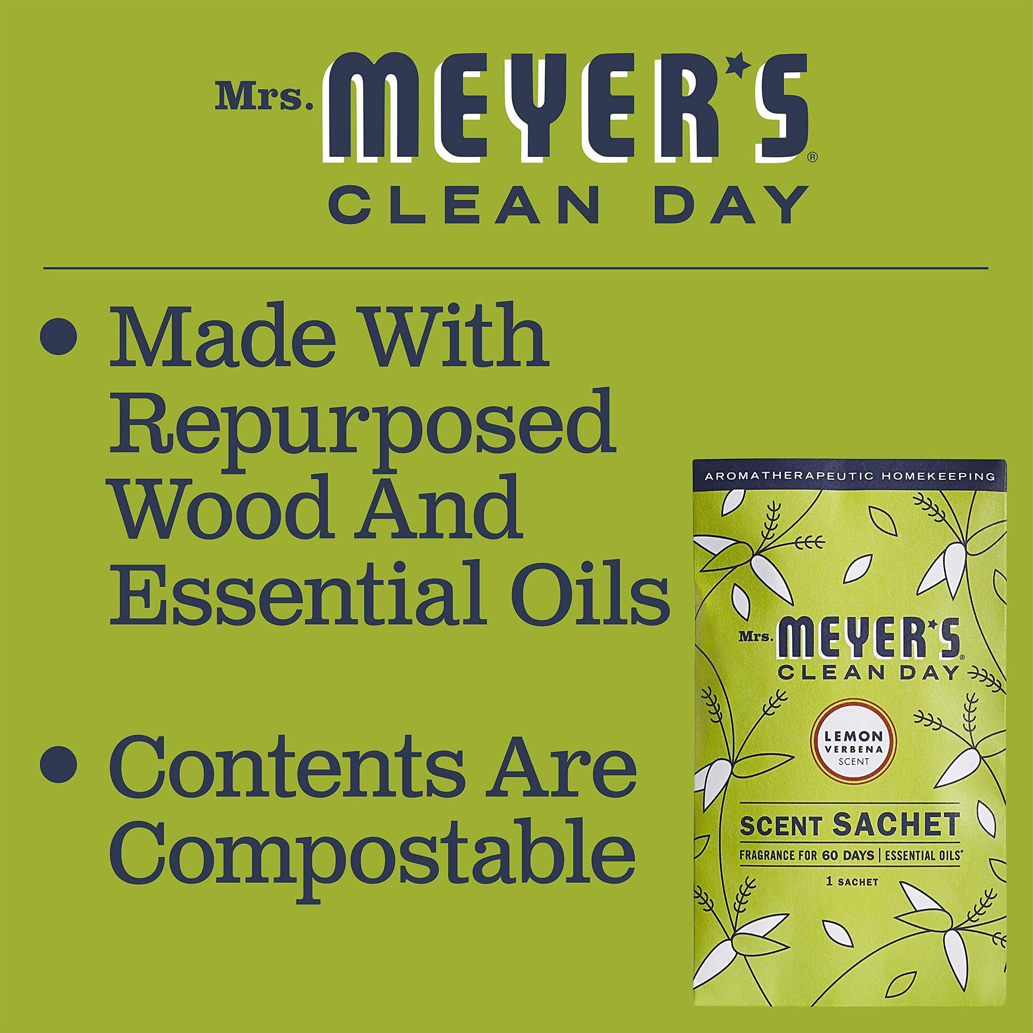 MRS. MEYER'S CLEAN DAY Air Freshener Sachets, Fragrance for your Locker, Car, Closet, and Gym Bag, Lemon Verbena, Pack of 3