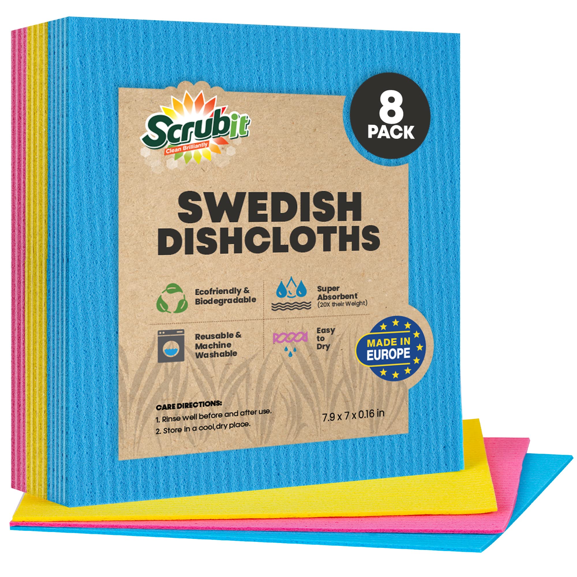 SCRUBIT Swedish Dishcloths for Kitchen - 8 Pack - Ultra Absorbent Paper Towels for Kitchen, Washing Dishes, and More - Reusable Cellulose Sponge