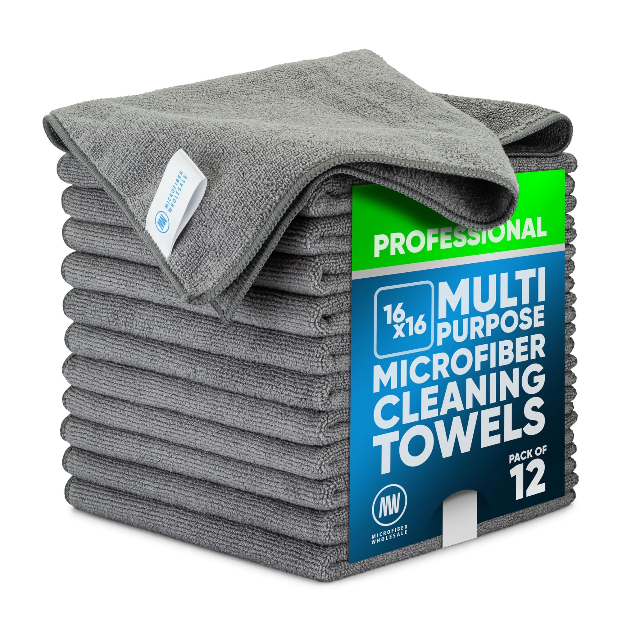 MW Pro Microfiber Cleaning Cloth | Gray | 12 Pack | 16” x 16” | All Purpose Microfiber Towels - Clean, Dust, Polish, Scrub, Absorbent