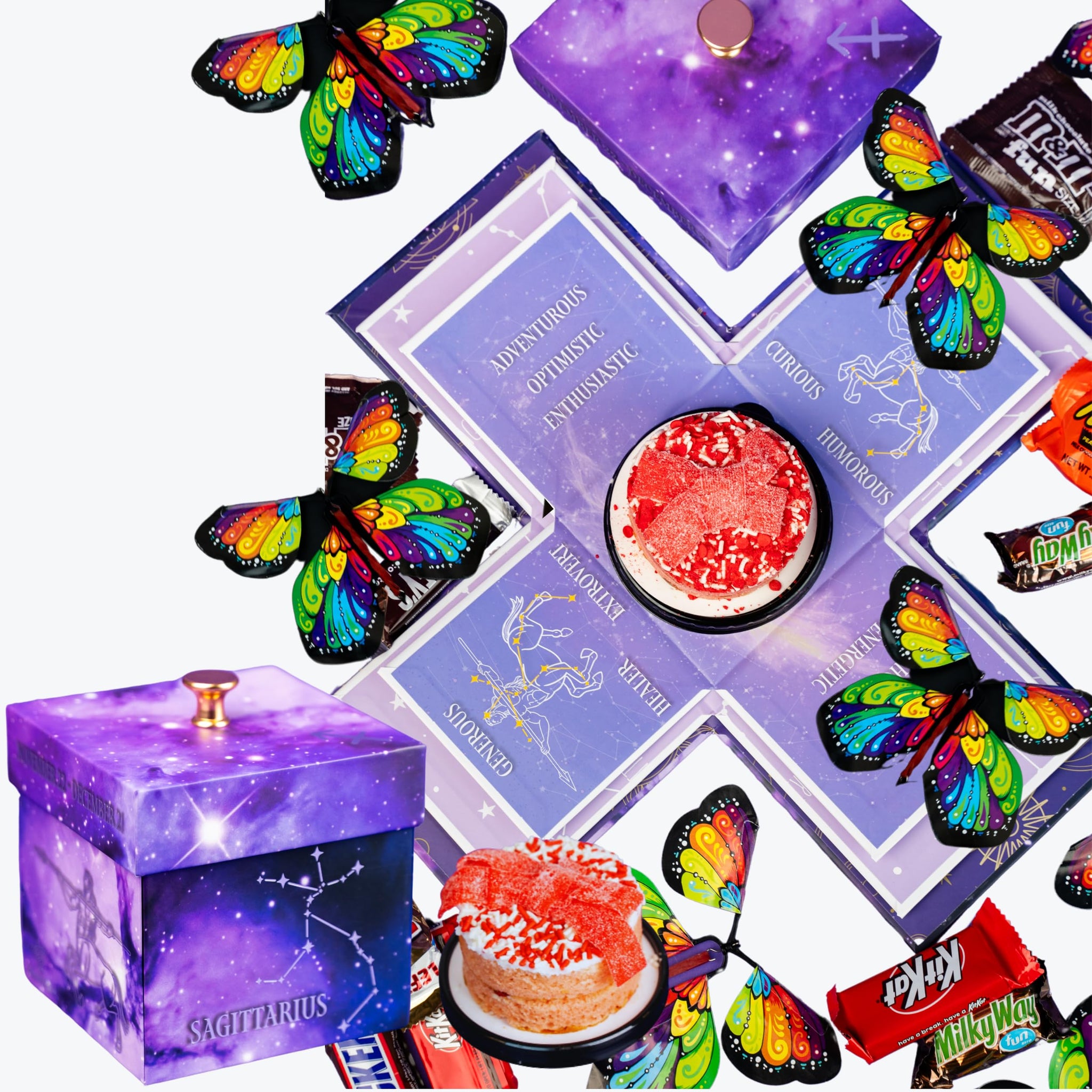 Astrology Sagittarius - No Setup Required Flying Butterfly Surprise Explosion Gift Box by Send A Cake - Delicious 3" Mini Bundt Cakes - Birthday Gift