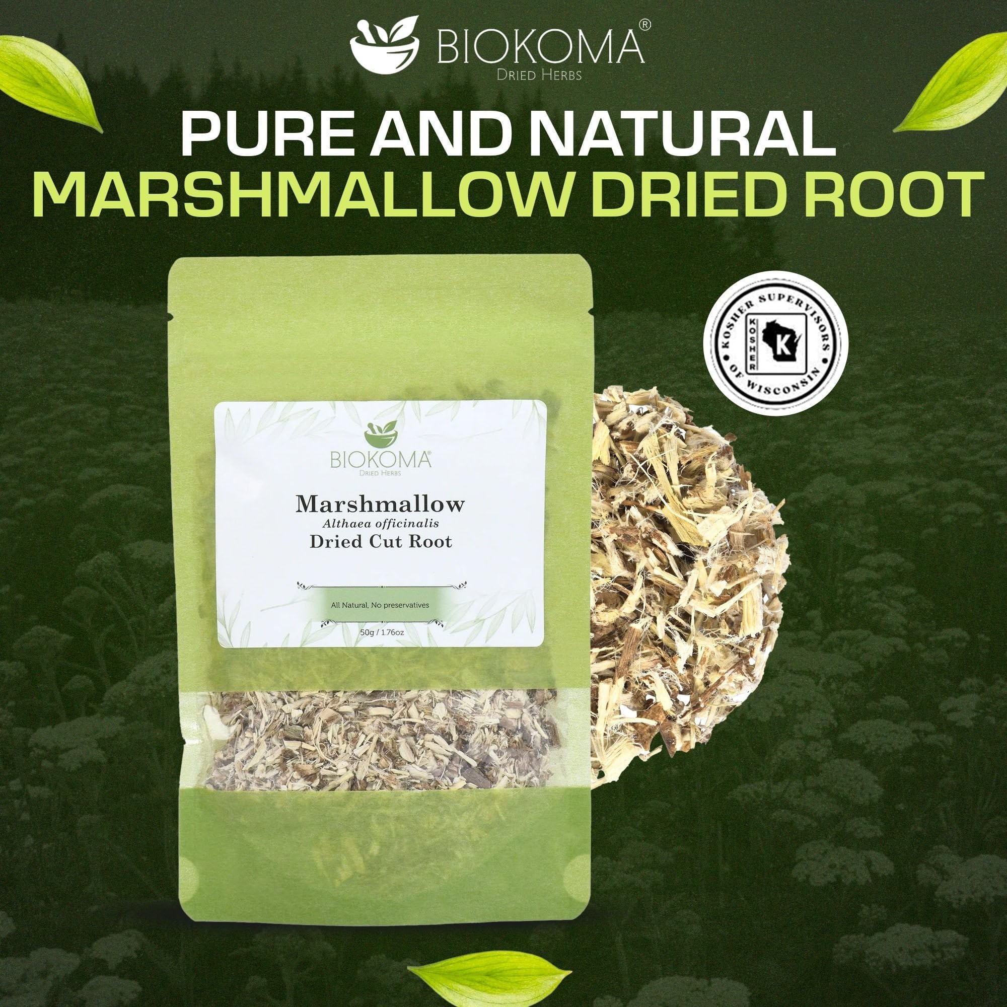 Biokoma Marshmallow Dried Root 50g 1.76oz Cut & Sifted Pure Althaea Officinalis Herb Digestion Respiratory Throat Support Herbal Tea Resealable Pouch