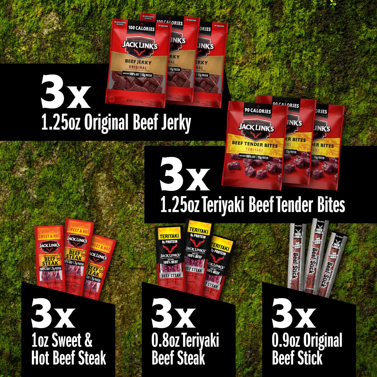 Jack Link's Beef Jerky Variety Pack Gift Basket - 15 Pack - Assorted Jerky, Steaks, and Meat Sticks - Ready to Eat Protein Snacks - Made with 100%