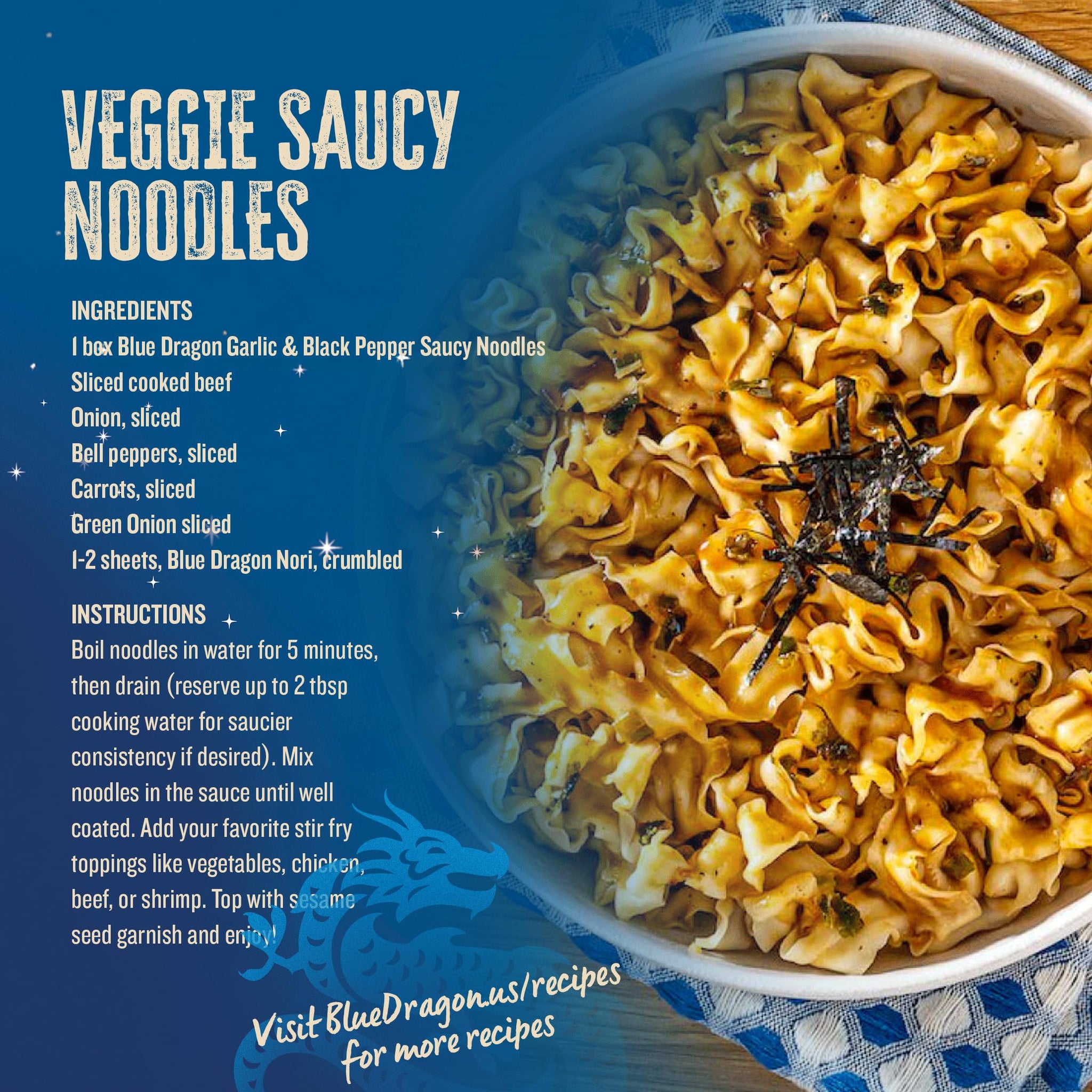 Blue Dragon Garlic & Black Pepper Saucy Noodles - 4.25oz (Pack of 3) - Knife Cut Air Dried Noodles w/Garlic & Black Pepper Sauce & Spring Onion