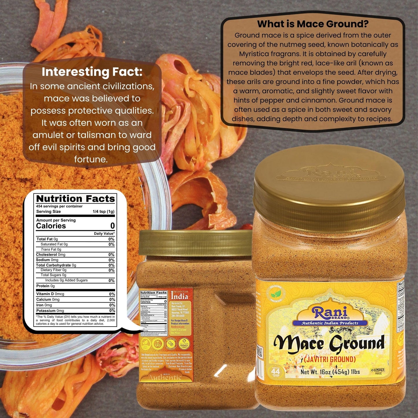 Rani Mace Ground (Javathri) Powder, Spice 16oz (1lb) 454g PET Jar ~ All Natural | Vegan | Gluten Friendly | NON-GMO | Kosher | Indian Origin