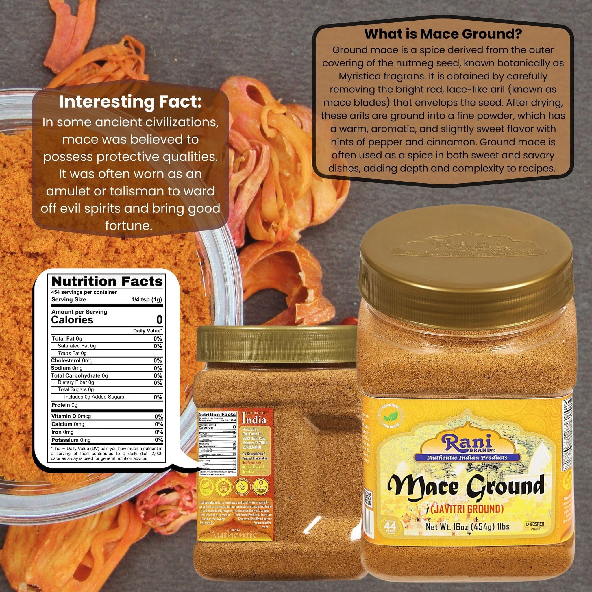 Rani Mace Ground (Javathri) Powder, Spice 16oz (1lb) 454g PET Jar ~ All Natural | Vegan | Gluten Friendly | NON-GMO | Kosher | Indian Origin