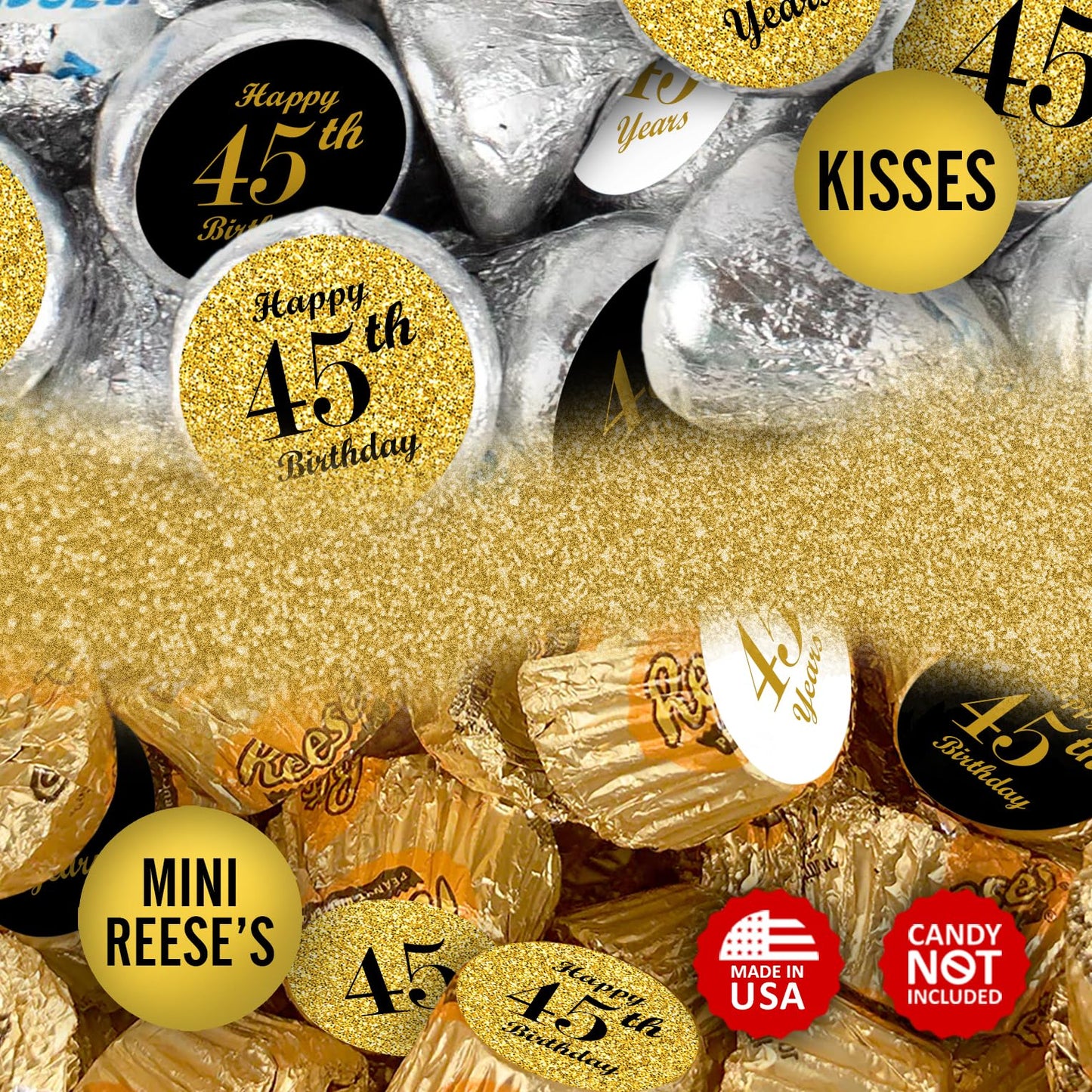 45th Birthday Kisses Stickers, (Set of 324) Chocolate Drops Labels for 45 Birthday, Party Favors Decor for Kisses. Made in USA, 9 Designs (36 Stickers