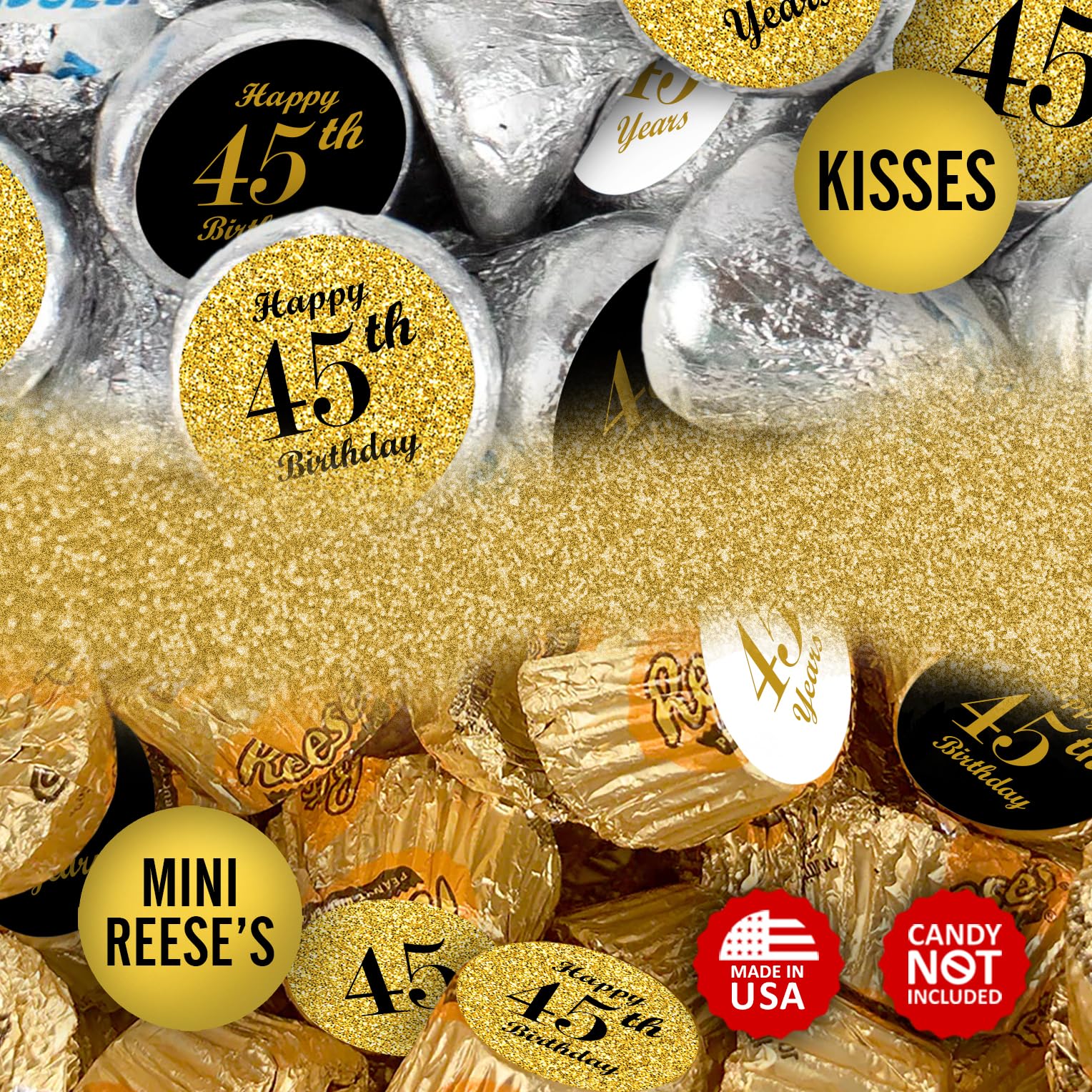45th Birthday Kisses Stickers, (Set of 324) Chocolate Drops Labels for 45 Birthday, Party Favors Decor for Kisses. Made in USA, 9 Designs (36 Stickers