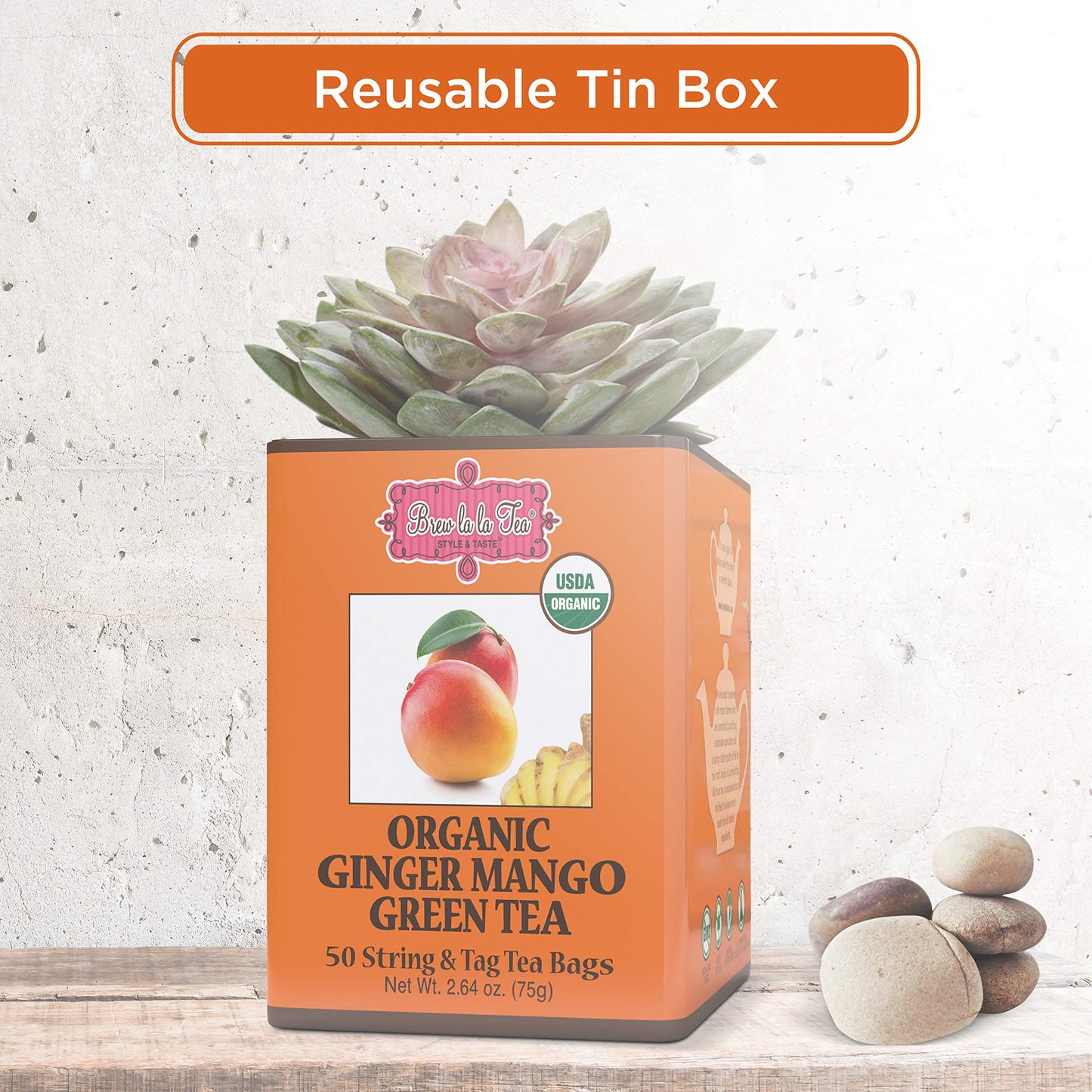 Brew La La Organic Green Tea - Ginger Mango Flavor - 50 Tea Bag Tin - Low Caffeine - USDA Certified Organic