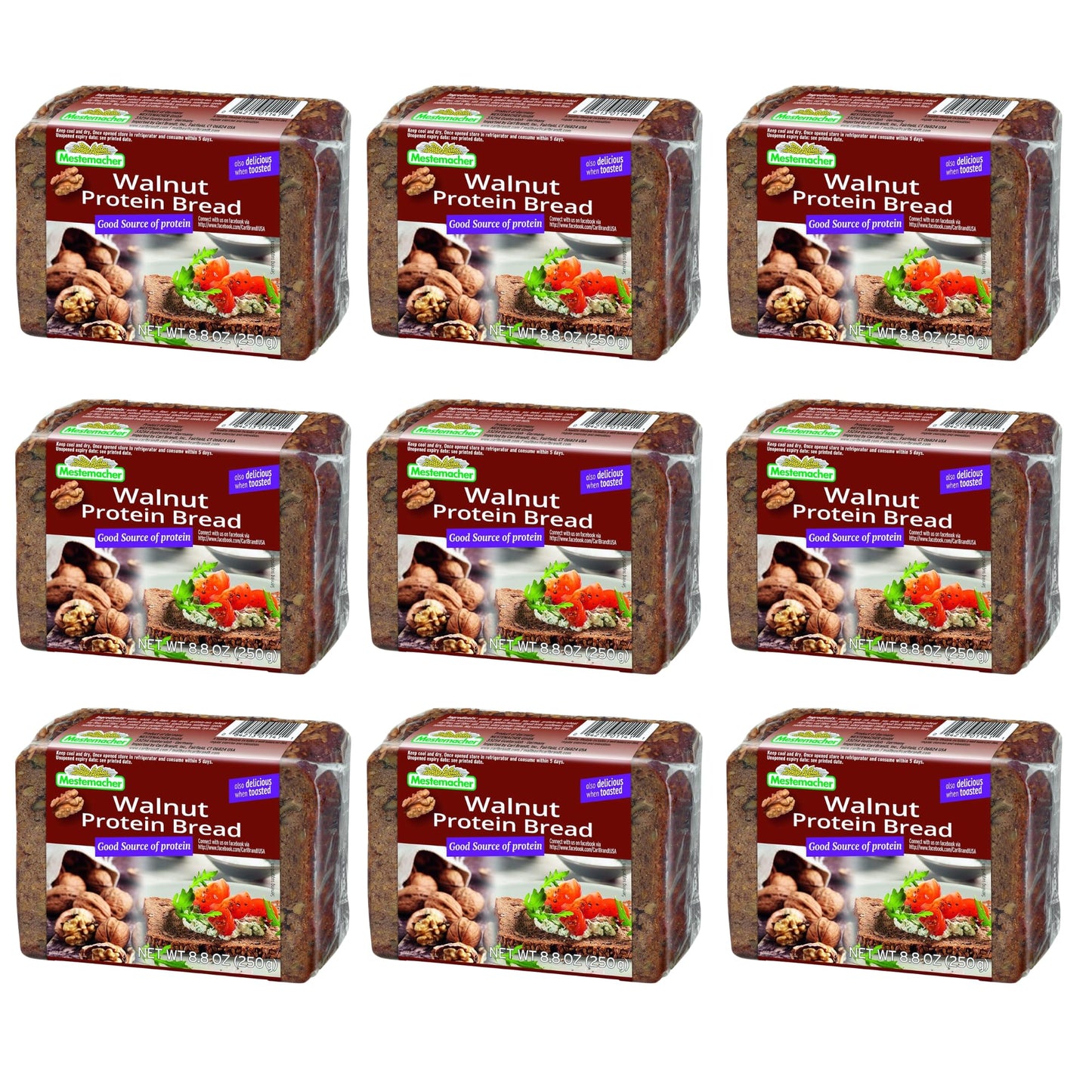 Mestemacher Walnut Protein Bread, 8.8 Oz - High Protein German Whole Grain Bread with Walnuts, High Fiber Dense European Bread, Non-GMO, Ready to Eat