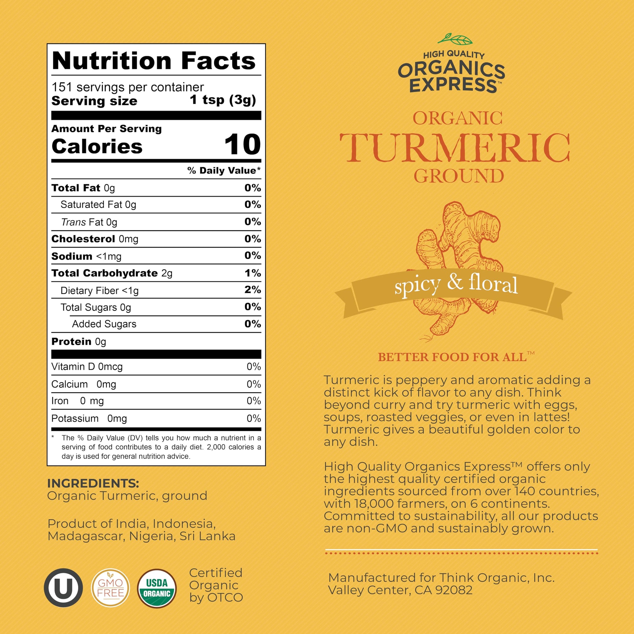 HQOExpress Bulk Organic Ground Turmeric Powder - 5 lb Value Bag (80 oz) USDA Organic | Non-GMO | Kosher | Sustainably Grown | Lab Tested | Legacy