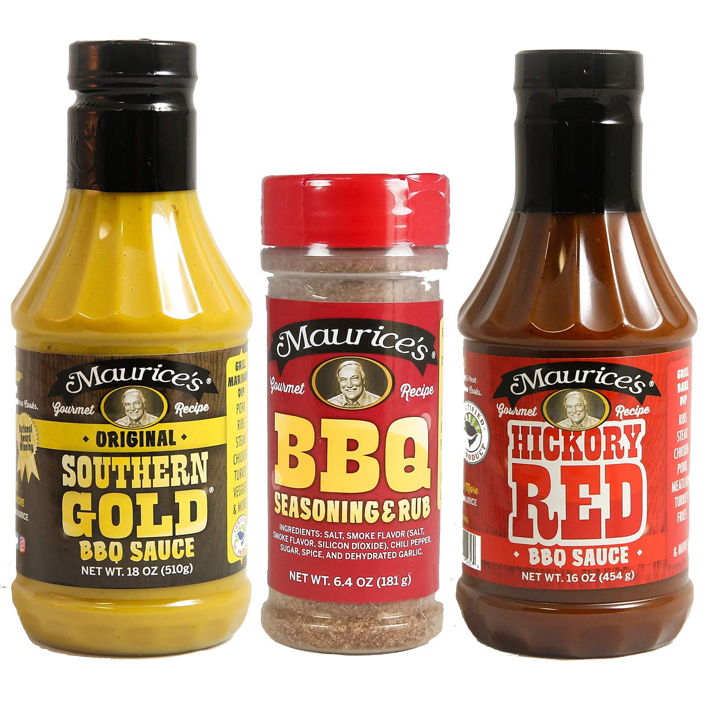 Maurice's BBQ Grill Trio Variety Set (Southern Gold® BBQ Sauce, Hickory Red Sauce & Rib Rub BBQ Seasoning)