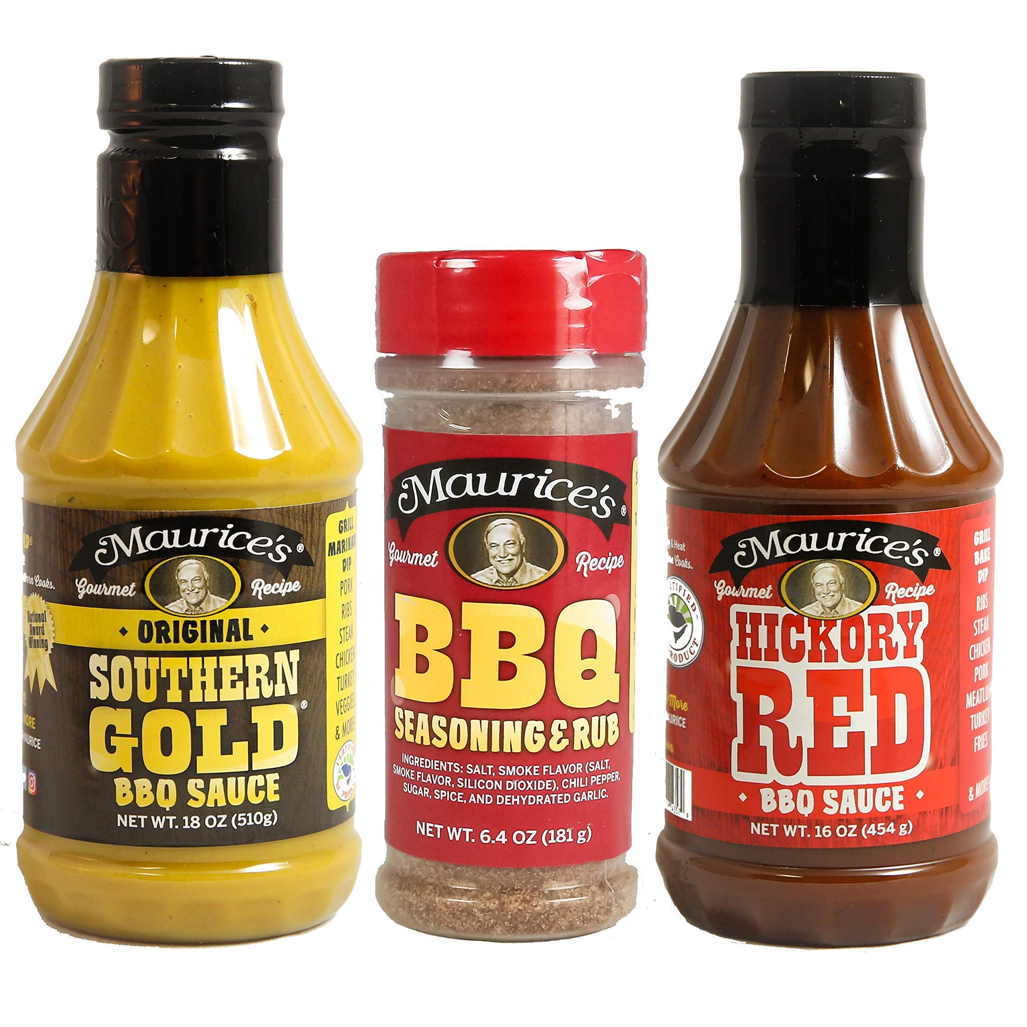 Maurice's BBQ Grill Trio Variety Set (Southern Gold® BBQ Sauce, Hickory Red Sauce & Rib Rub BBQ Seasoning)